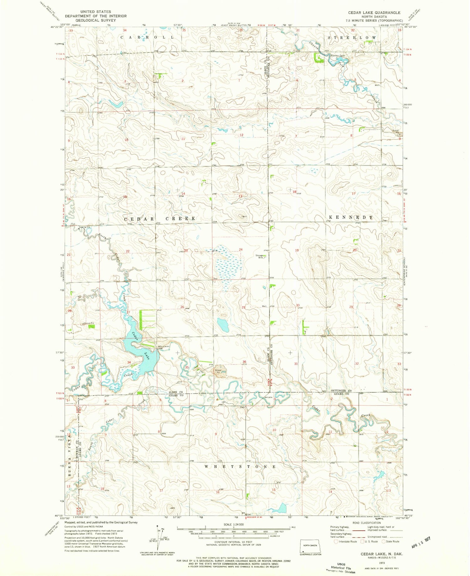 Classic USGS Cedar Lake North Dakota 7.5'x7.5' Topo Map Image