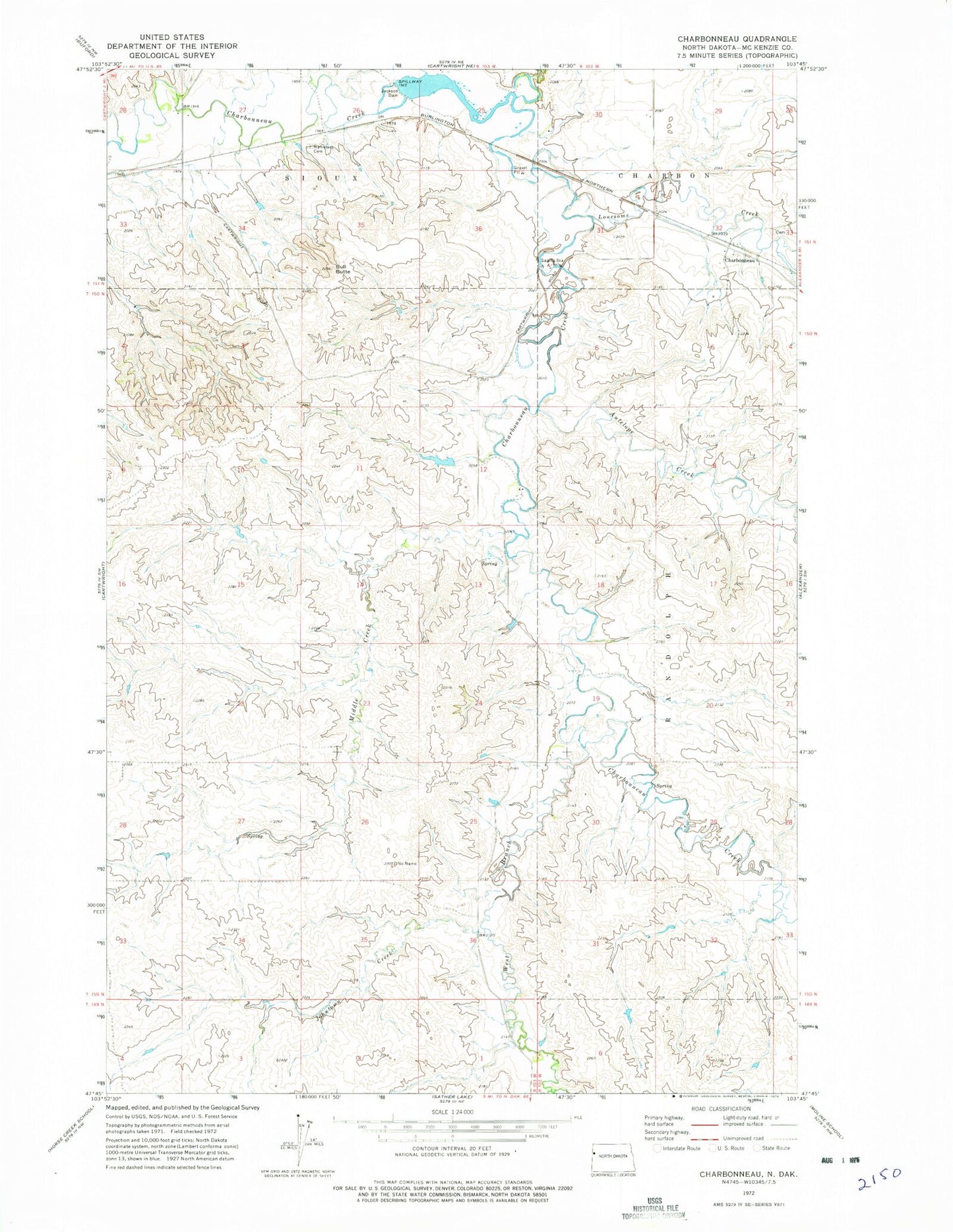 Classic USGS Charbonneau North Dakota 7.5'x7.5' Topo Map Image