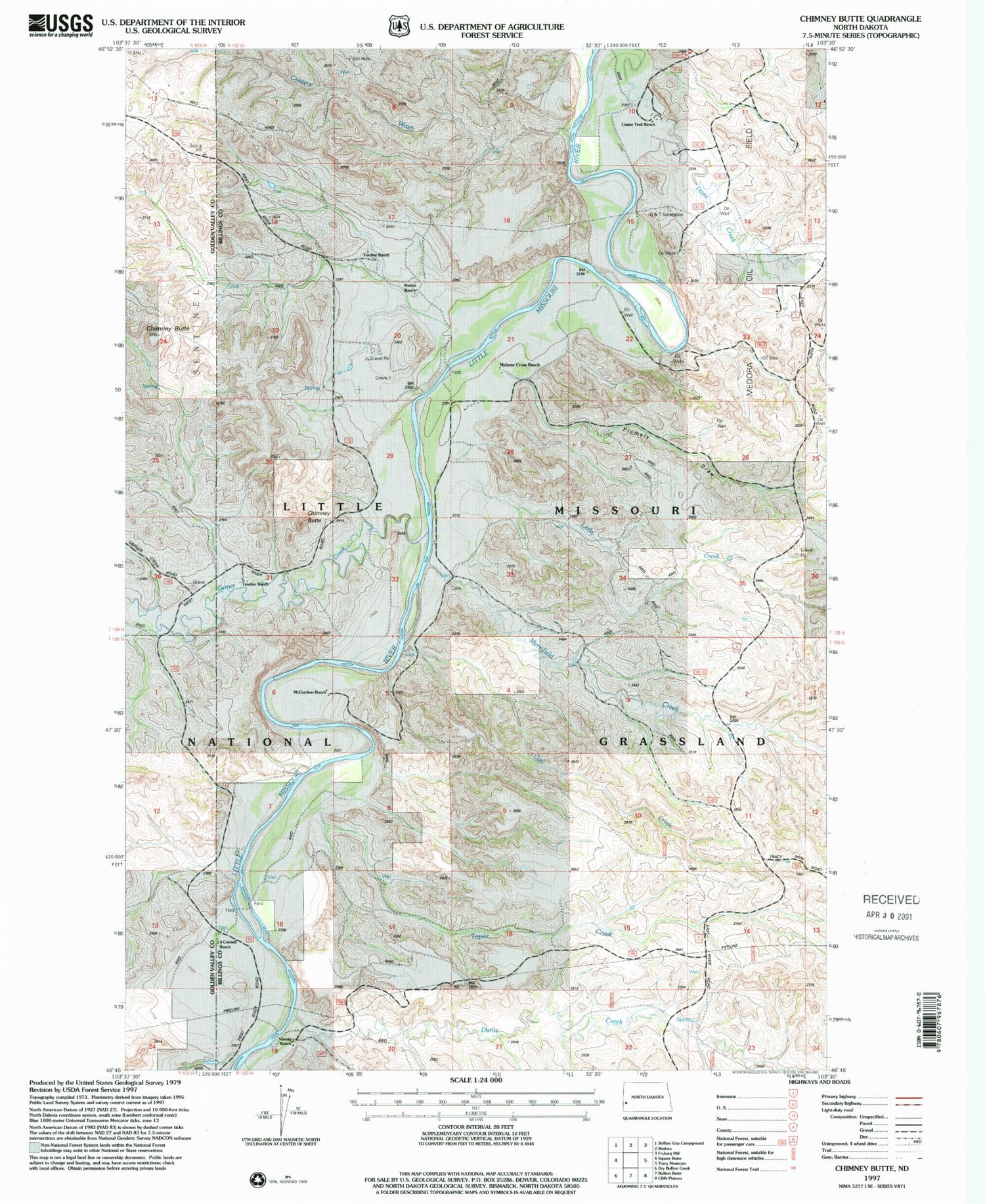Classic USGS Chimney Butte North Dakota 7.5'x7.5' Topo Map Image