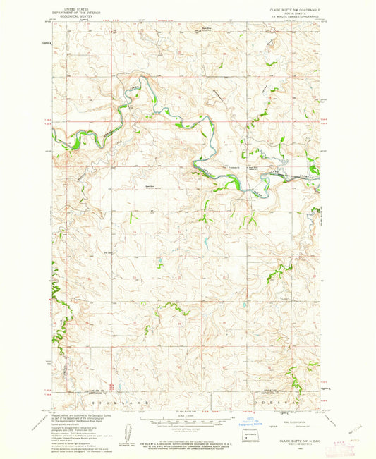 Classic USGS Clark Butte NW North Dakota 7.5'x7.5' Topo Map Image