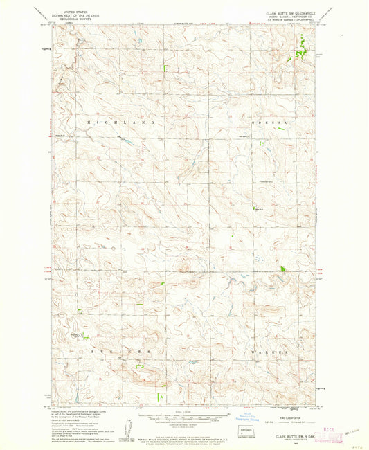 Classic USGS Clark Butte SW North Dakota 7.5'x7.5' Topo Map Image