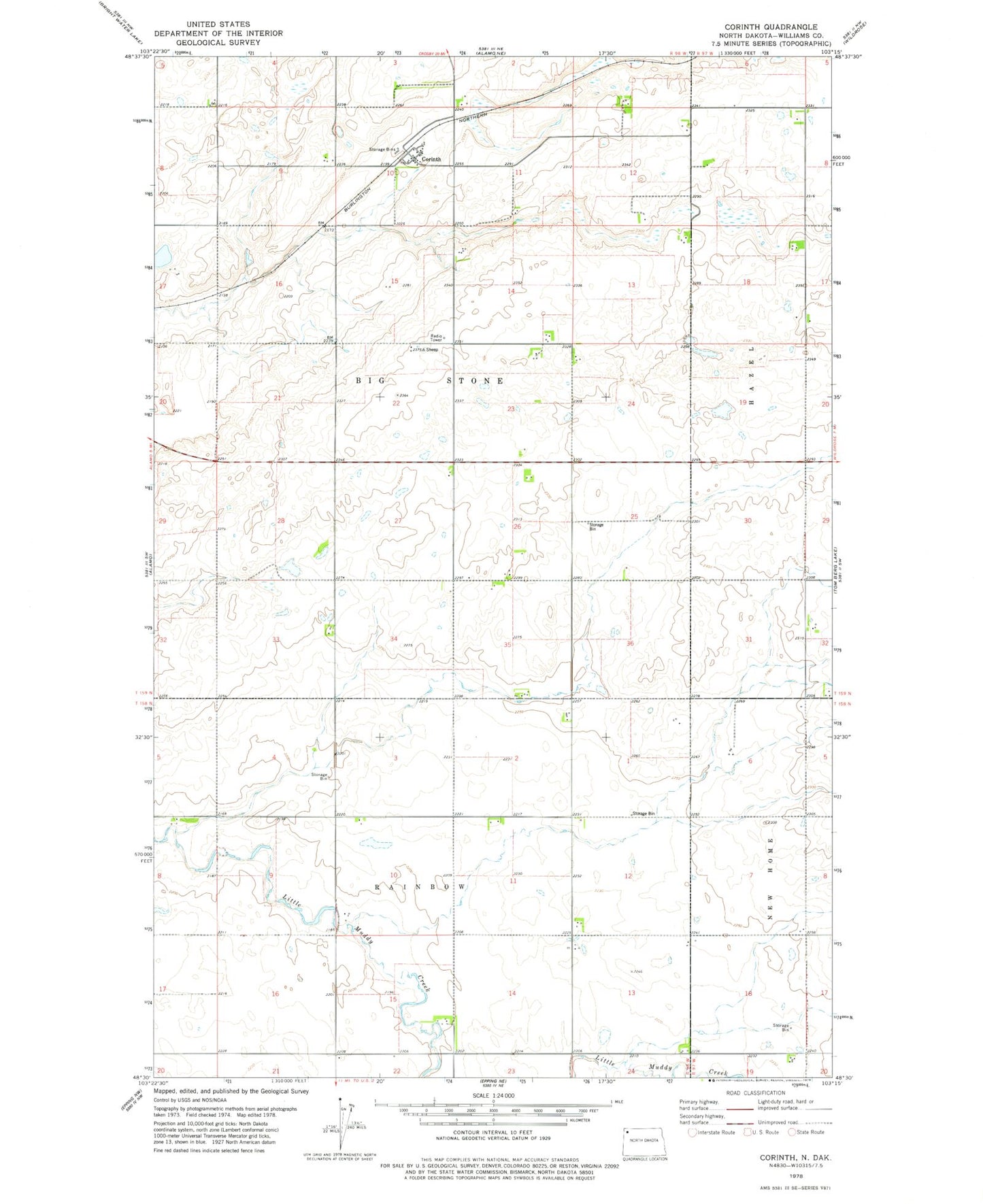 Classic USGS Corinth North Dakota 7.5'x7.5' Topo Map Image