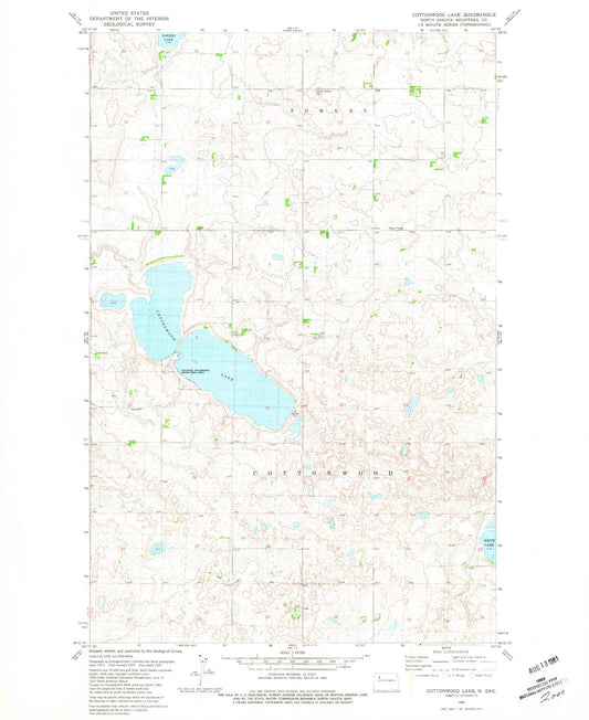 Classic USGS Cottonwood Lake North Dakota 7.5'x7.5' Topo Map Image