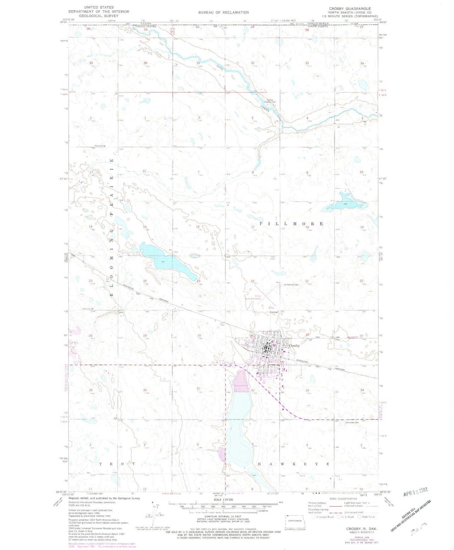 Classic USGS Crosby North Dakota 7.5'x7.5' Topo Map Image