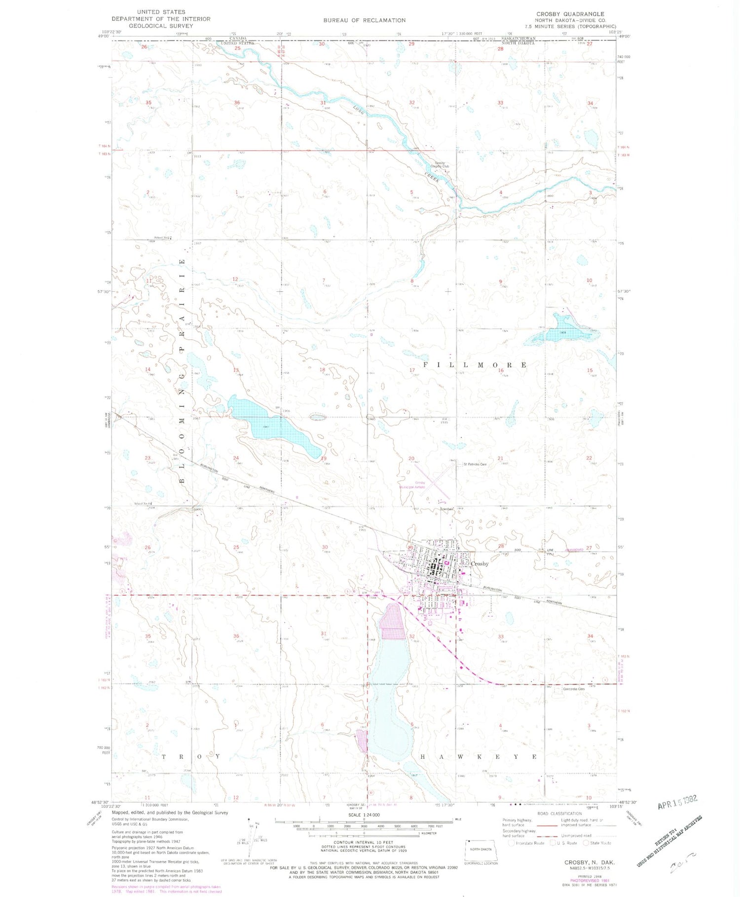 Classic USGS Crosby North Dakota 7.5'x7.5' Topo Map Image