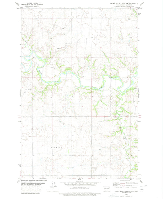 Classic USGS Crown Butte Creek SW North Dakota 7.5'x7.5' Topo Map Image