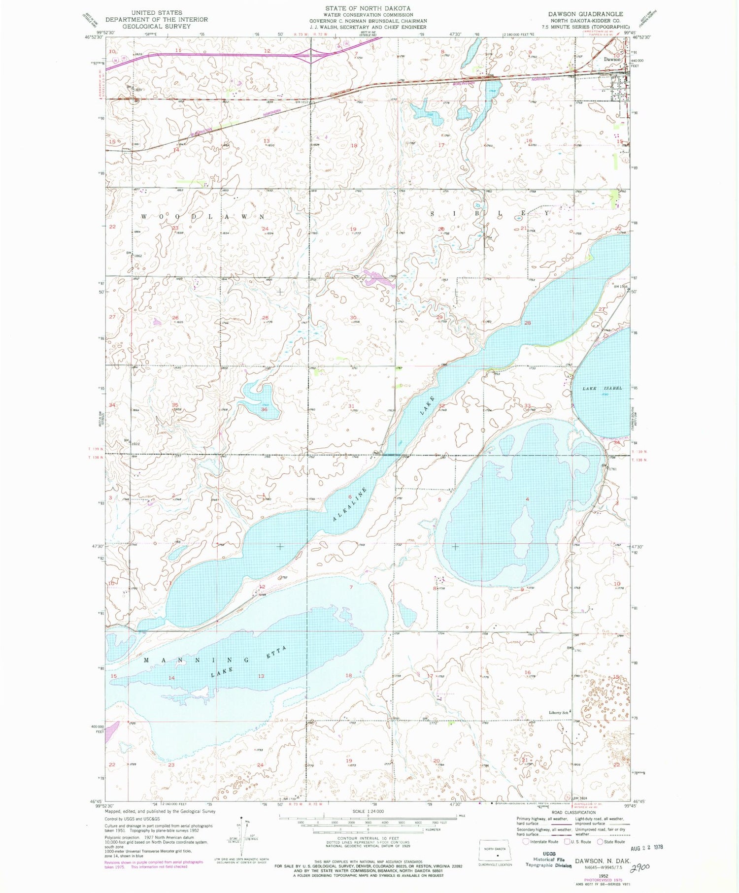 Classic USGS Dawson North Dakota 7.5'x7.5' Topo Map Image