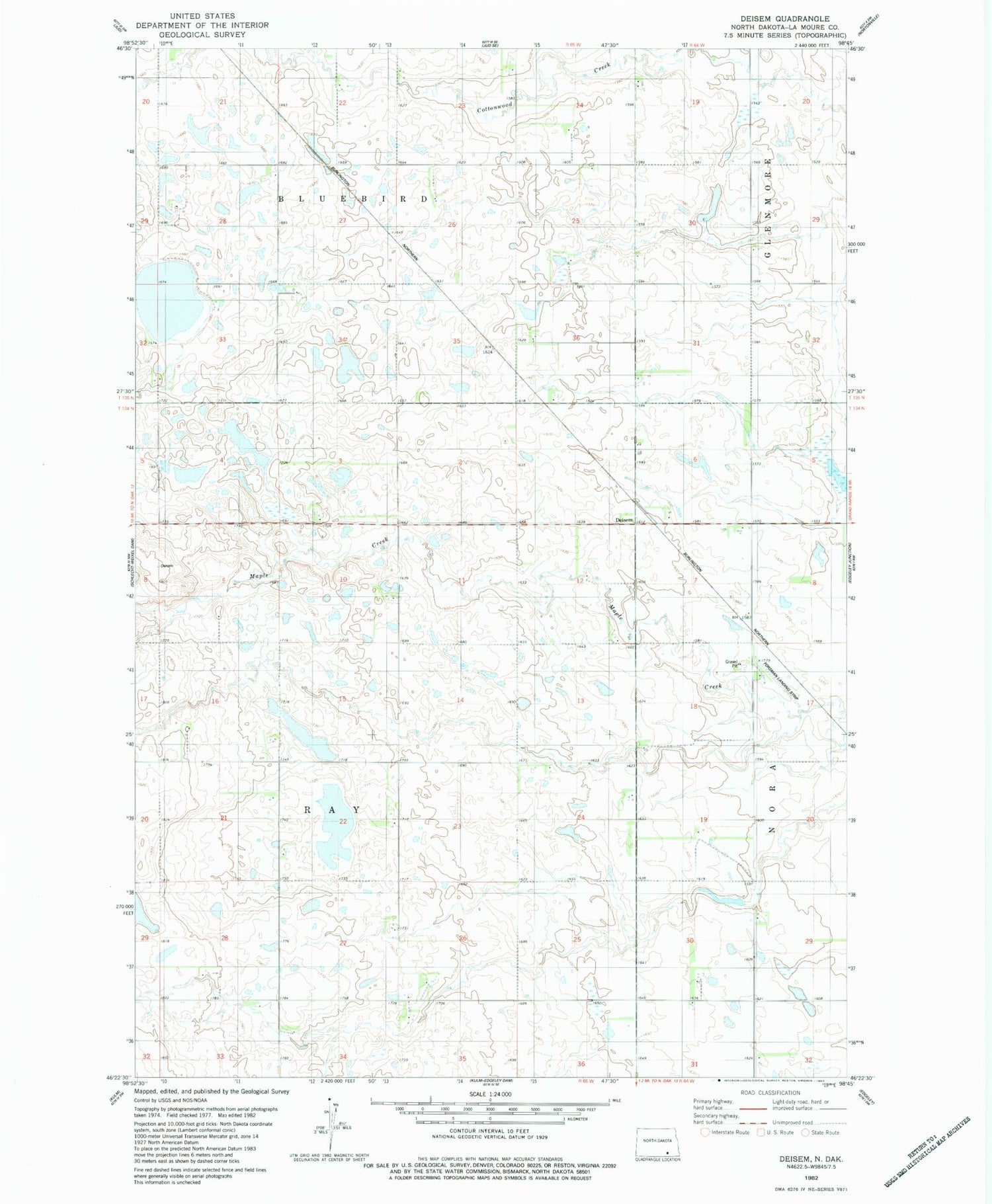 Classic USGS Deisem North Dakota 7.5'x7.5' Topo Map Image