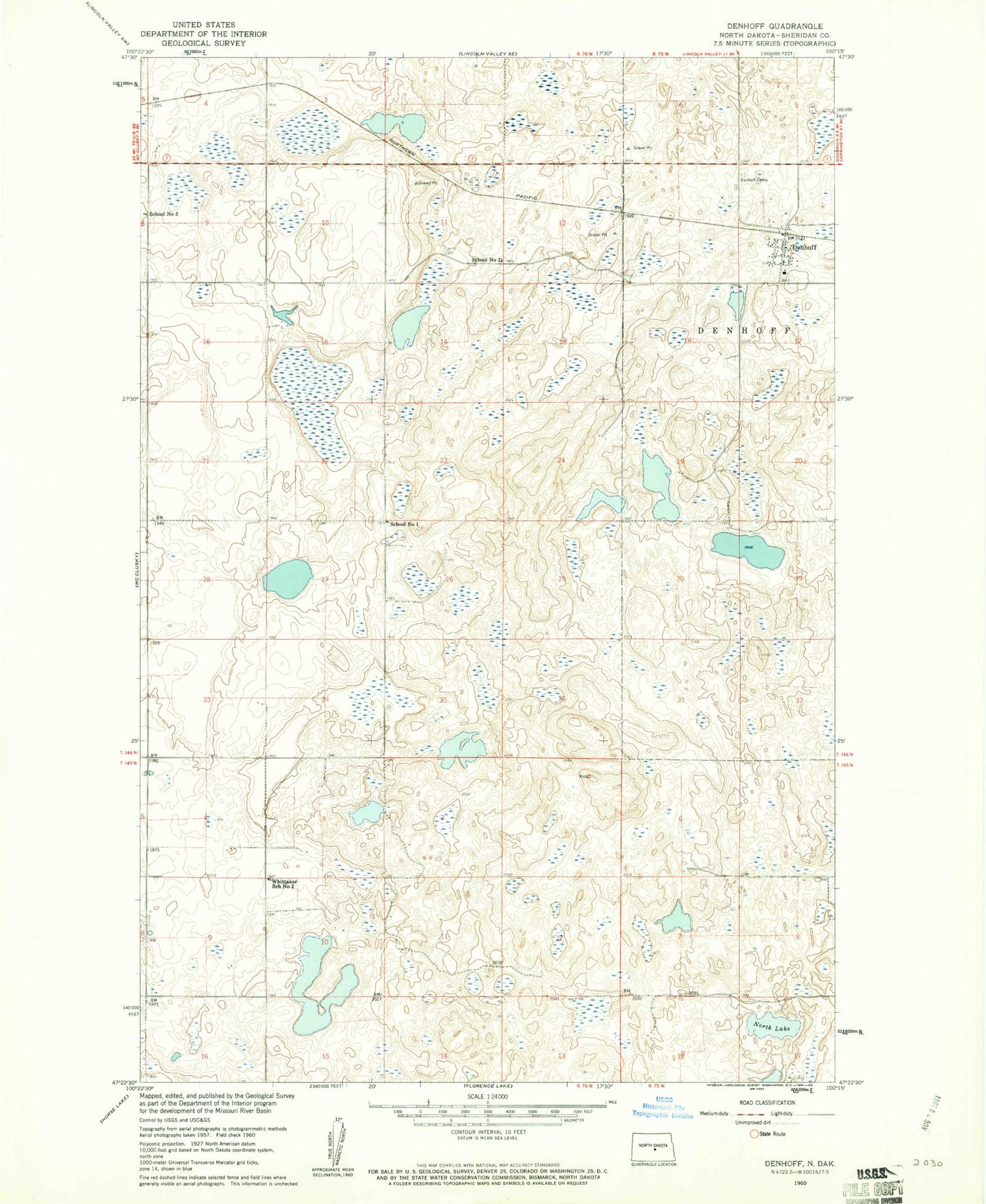 Classic USGS Denhoff North Dakota 7.5'x7.5' Topo Map Image