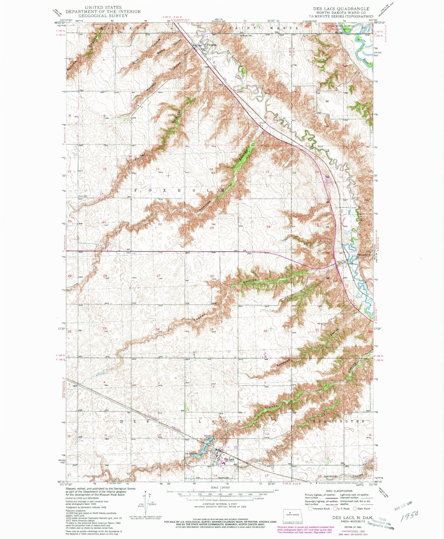 Classic USGS Des Lacs North Dakota 7.5'x7.5' Topo Map Image