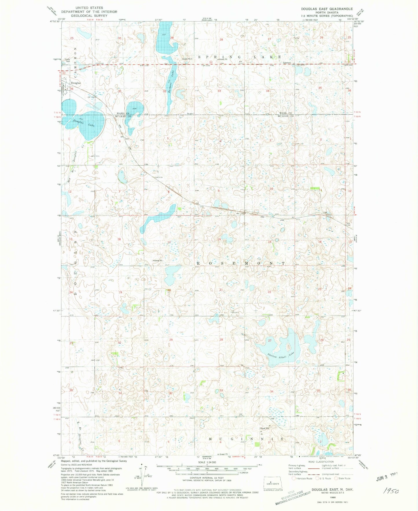 Classic USGS Douglas East North Dakota 7.5'x7.5' Topo Map Image