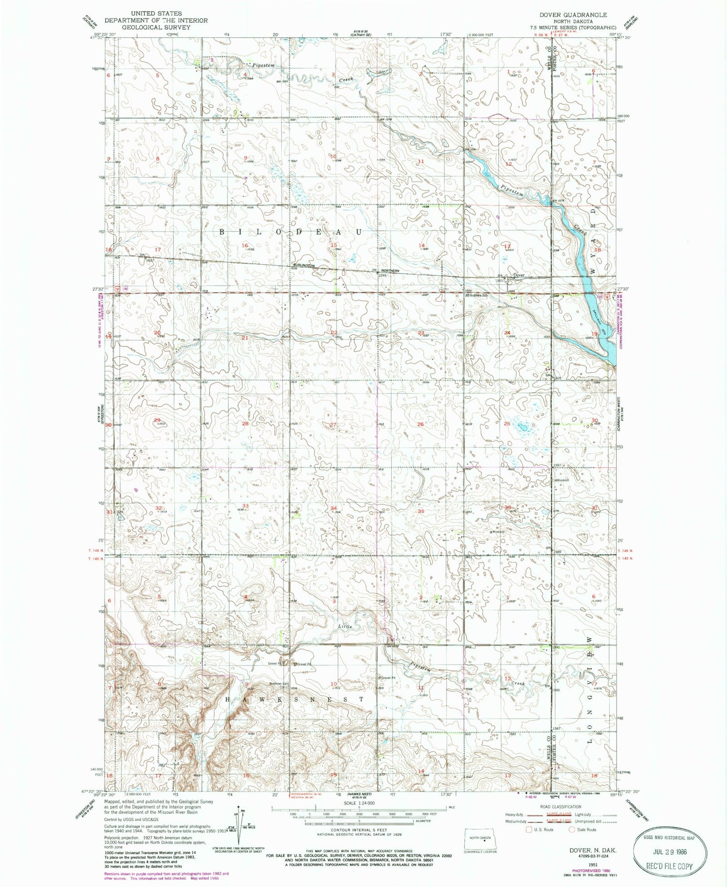 Classic USGS Dover North Dakota 7.5'x7.5' Topo Map Image