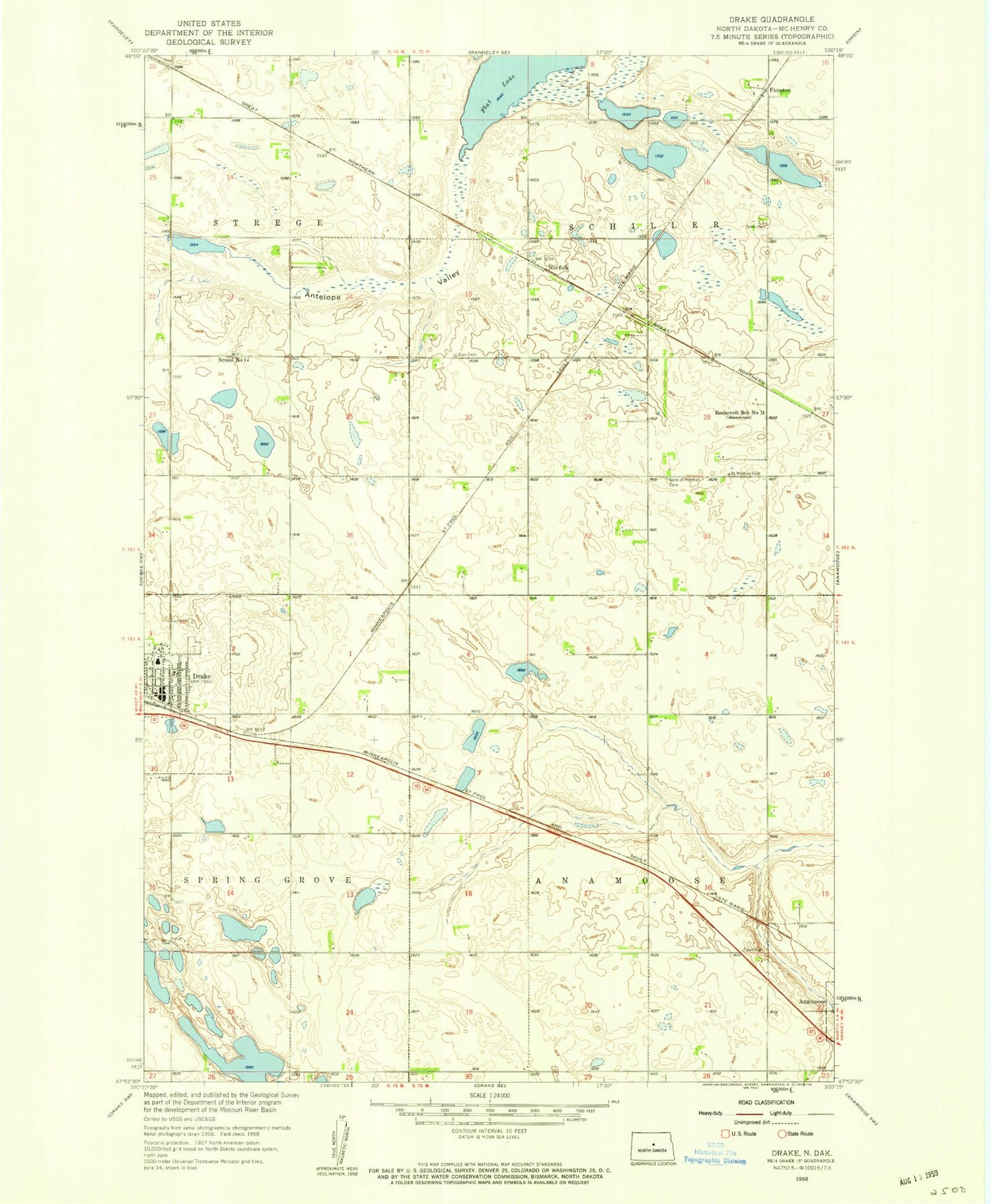 Classic USGS Drake North Dakota 7.5'x7.5' Topo Map Image