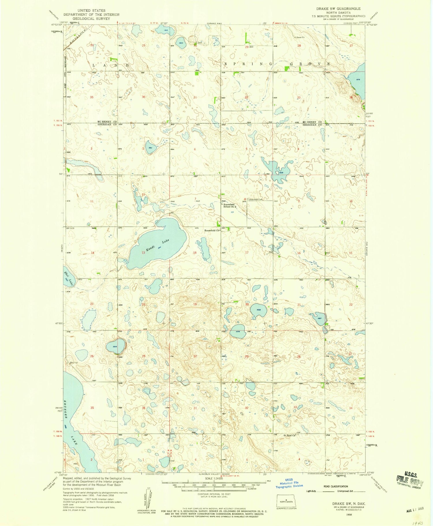 Classic USGS Drake SW North Dakota 7.5'x7.5' Topo Map Image