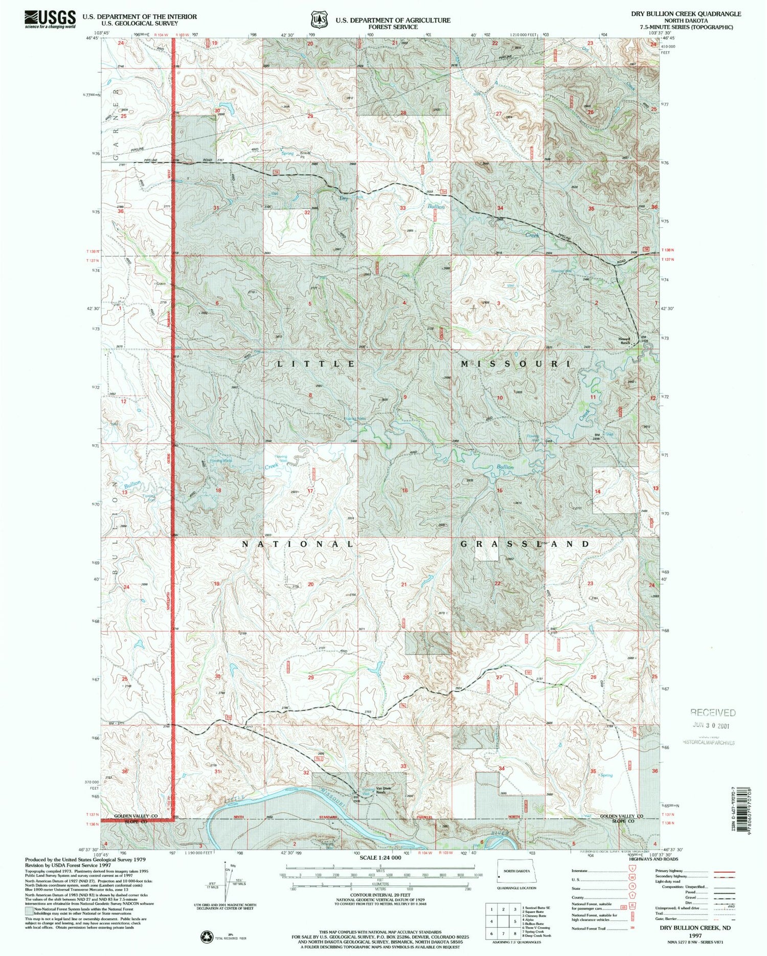 Classic USGS Dry Bullion Creek North Dakota 7.5'x7.5' Topo Map Image