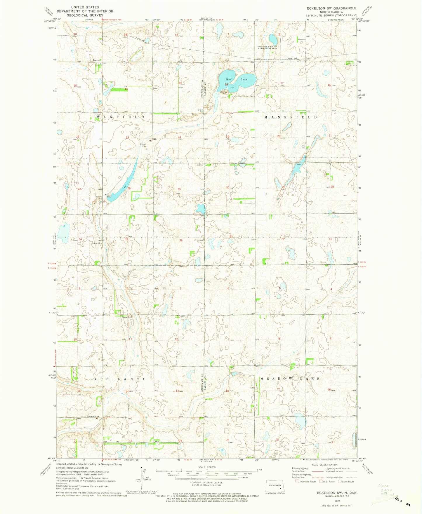 Classic USGS Eckelson SW North Dakota 7.5'x7.5' Topo Map Image