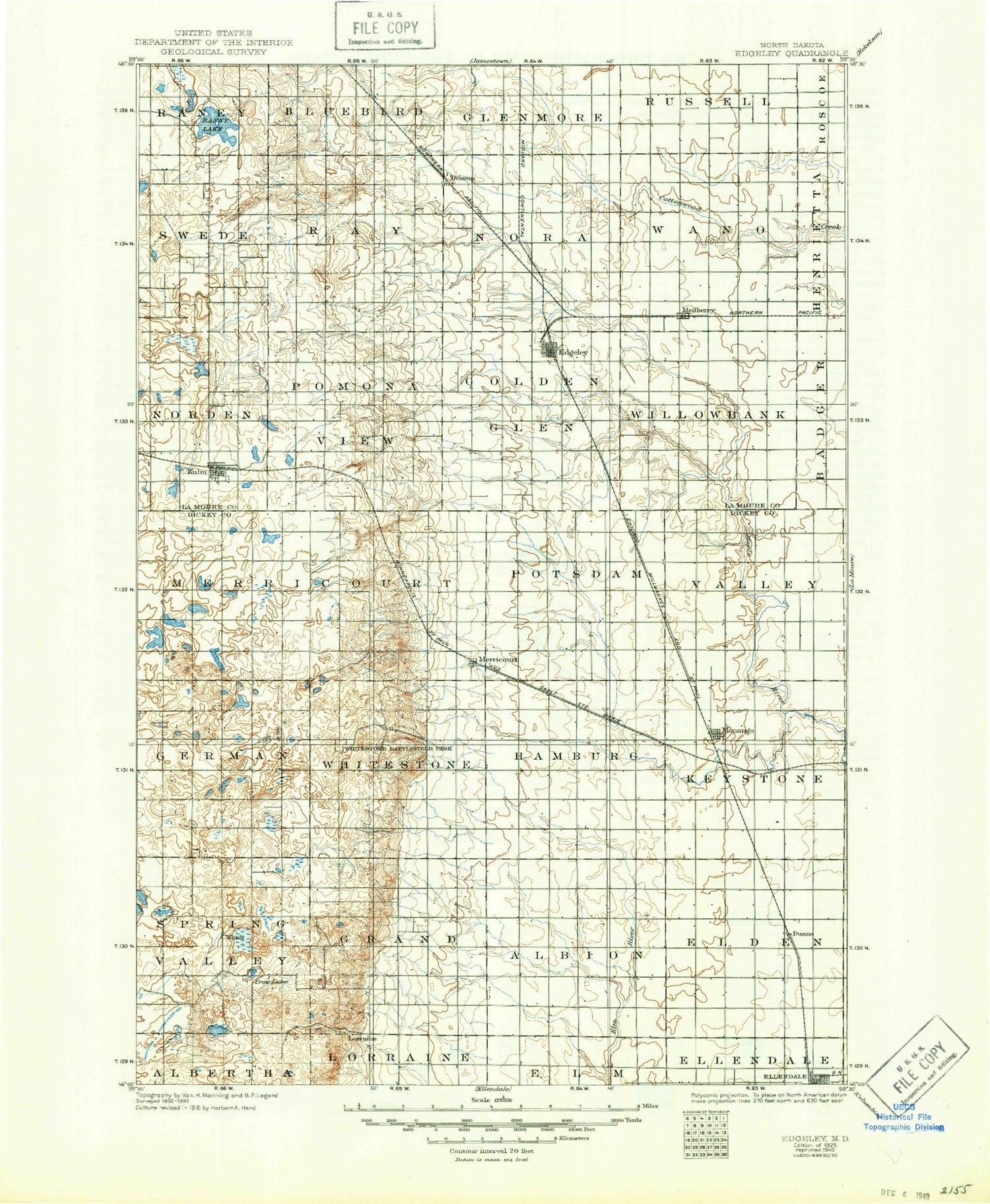 Historic 1925 Edgeley North Dakota 30'x30' Topo Map Image