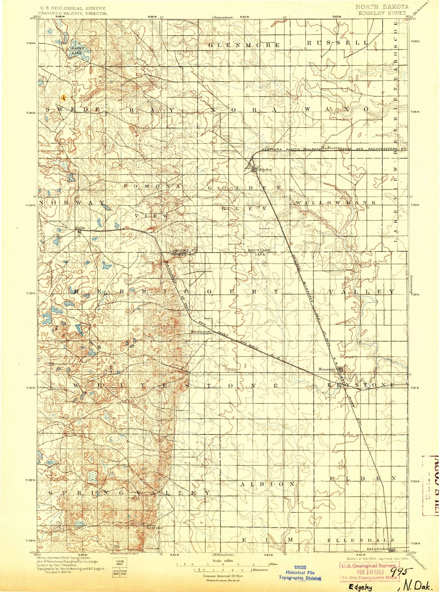 Historic 1896 Edgeley North Dakota 30'x30' Topo Map Image