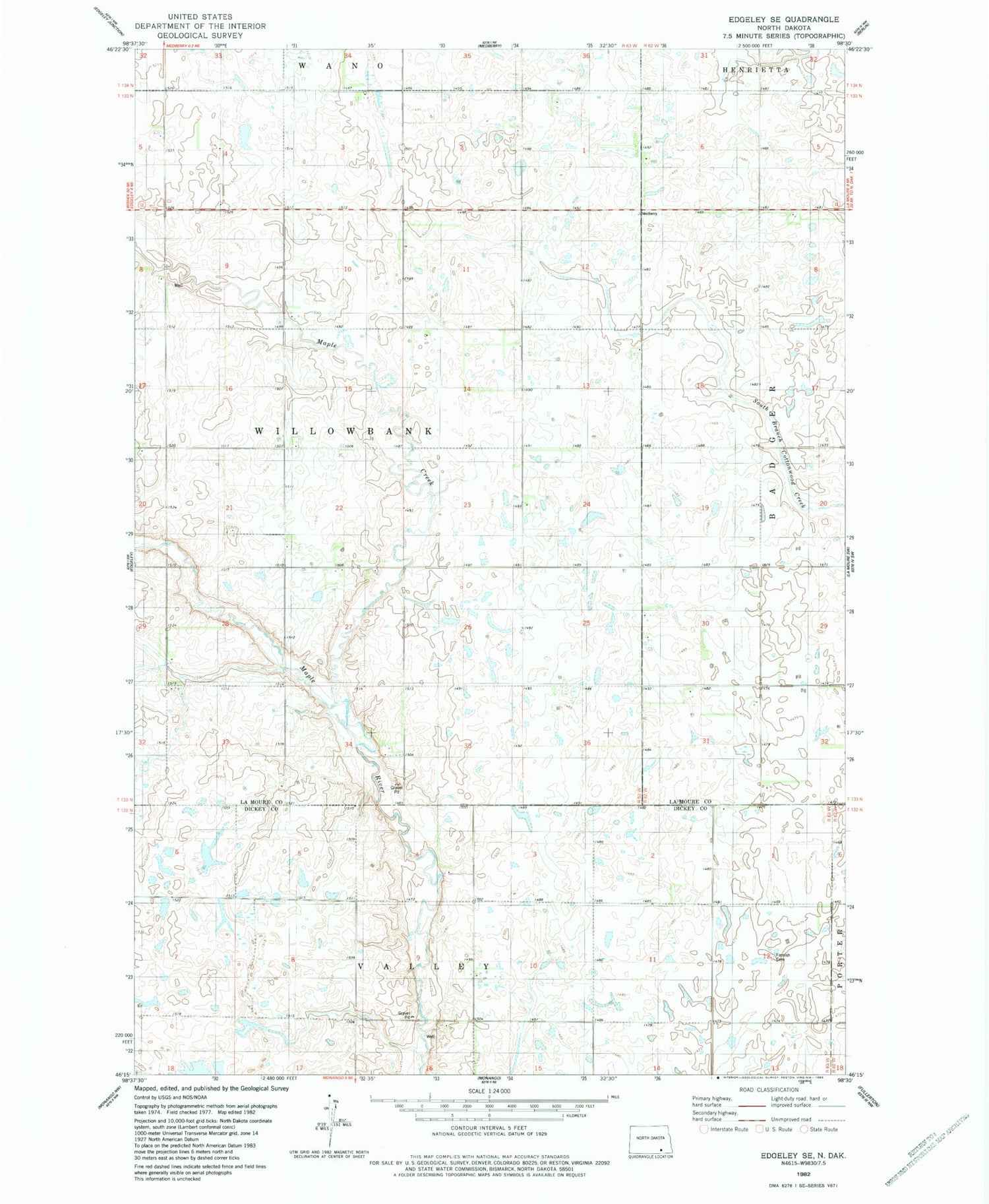 Classic USGS Edgeley SE North Dakota 7.5'x7.5' Topo Map Image