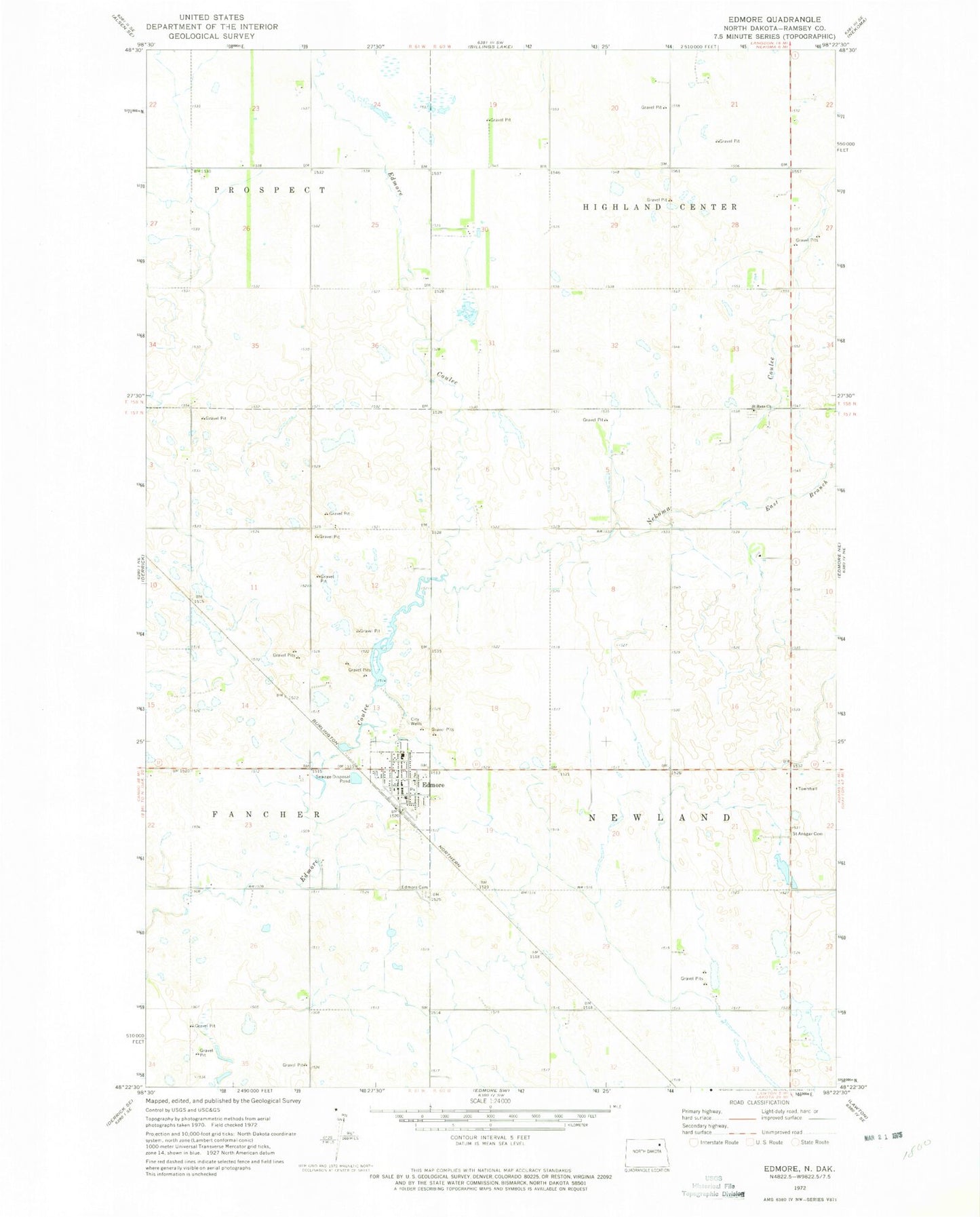Classic USGS Edmore North Dakota 7.5'x7.5' Topo Map Image