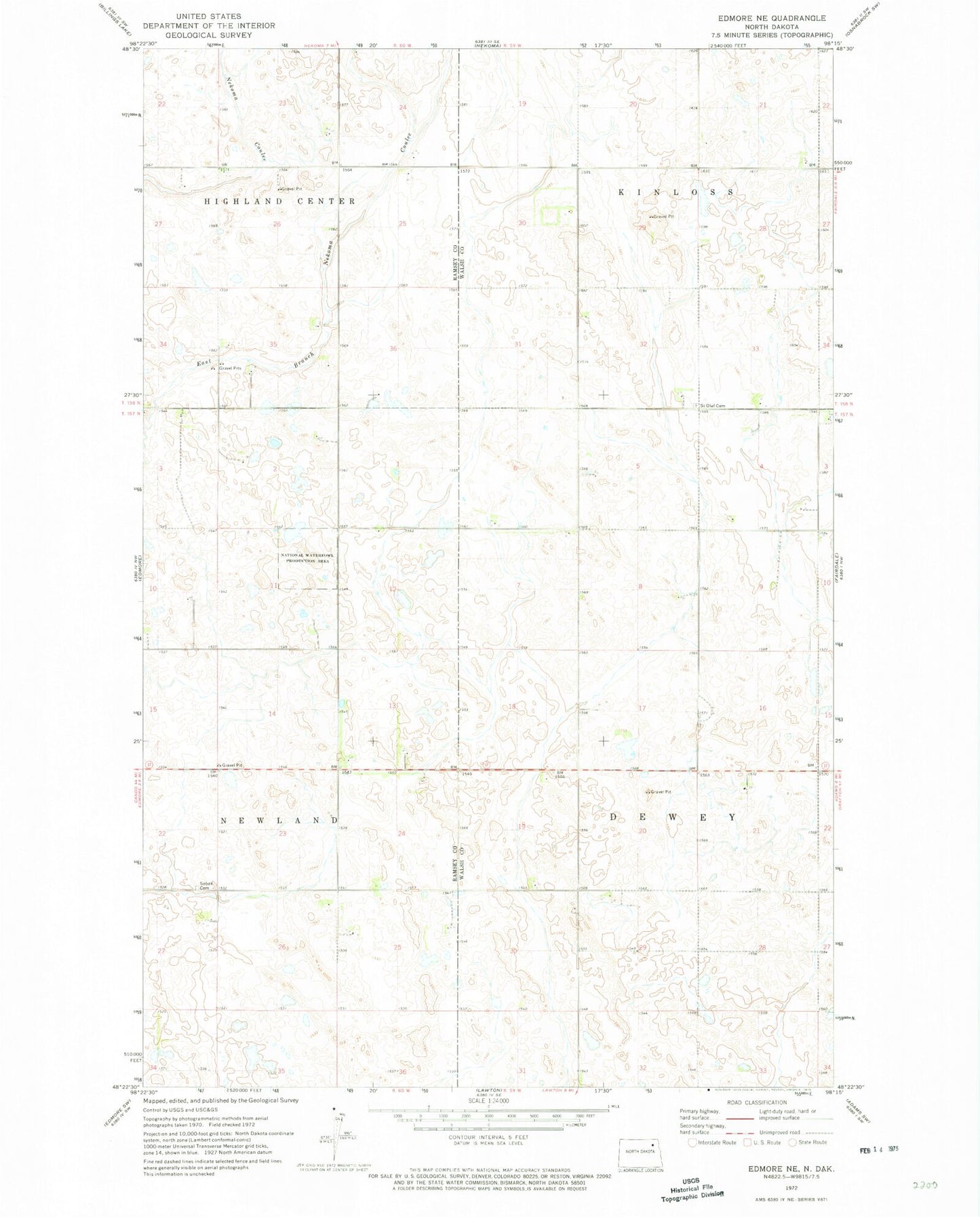 Classic USGS Edmore NE North Dakota 7.5'x7.5' Topo Map Image