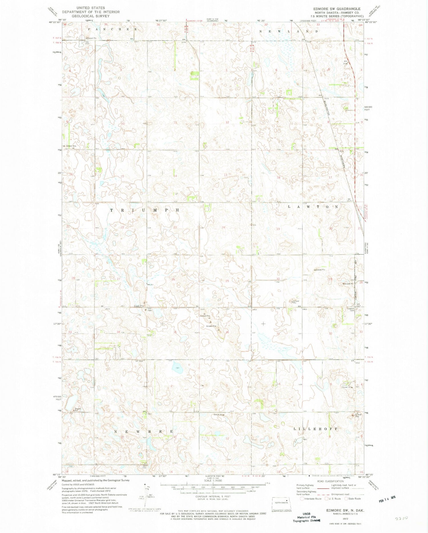 Classic USGS Edmore SW North Dakota 7.5'x7.5' Topo Map Image