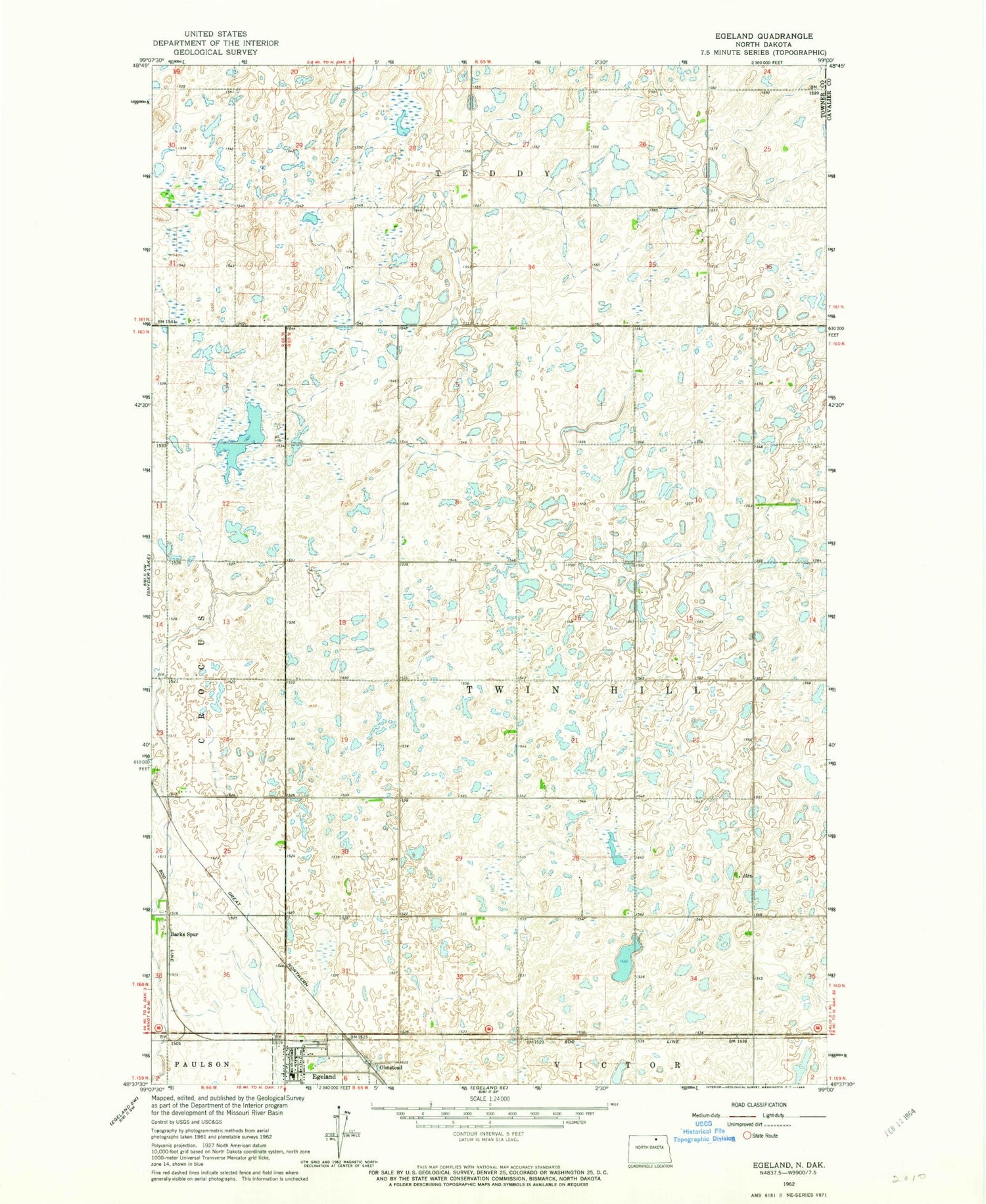 Classic USGS Egeland North Dakota 7.5'x7.5' Topo Map Image