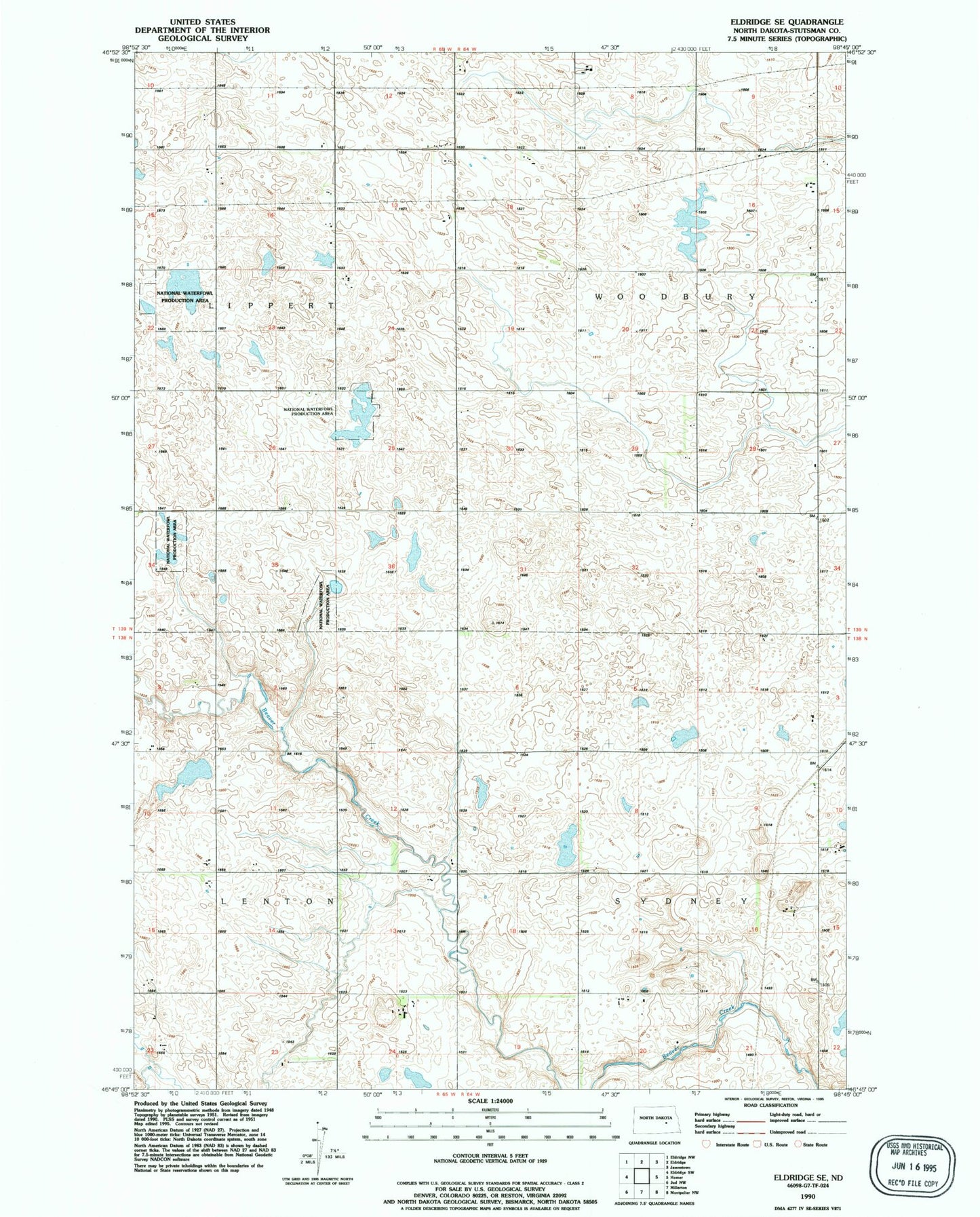 Classic USGS Eldridge SE North Dakota 7.5'x7.5' Topo Map Image