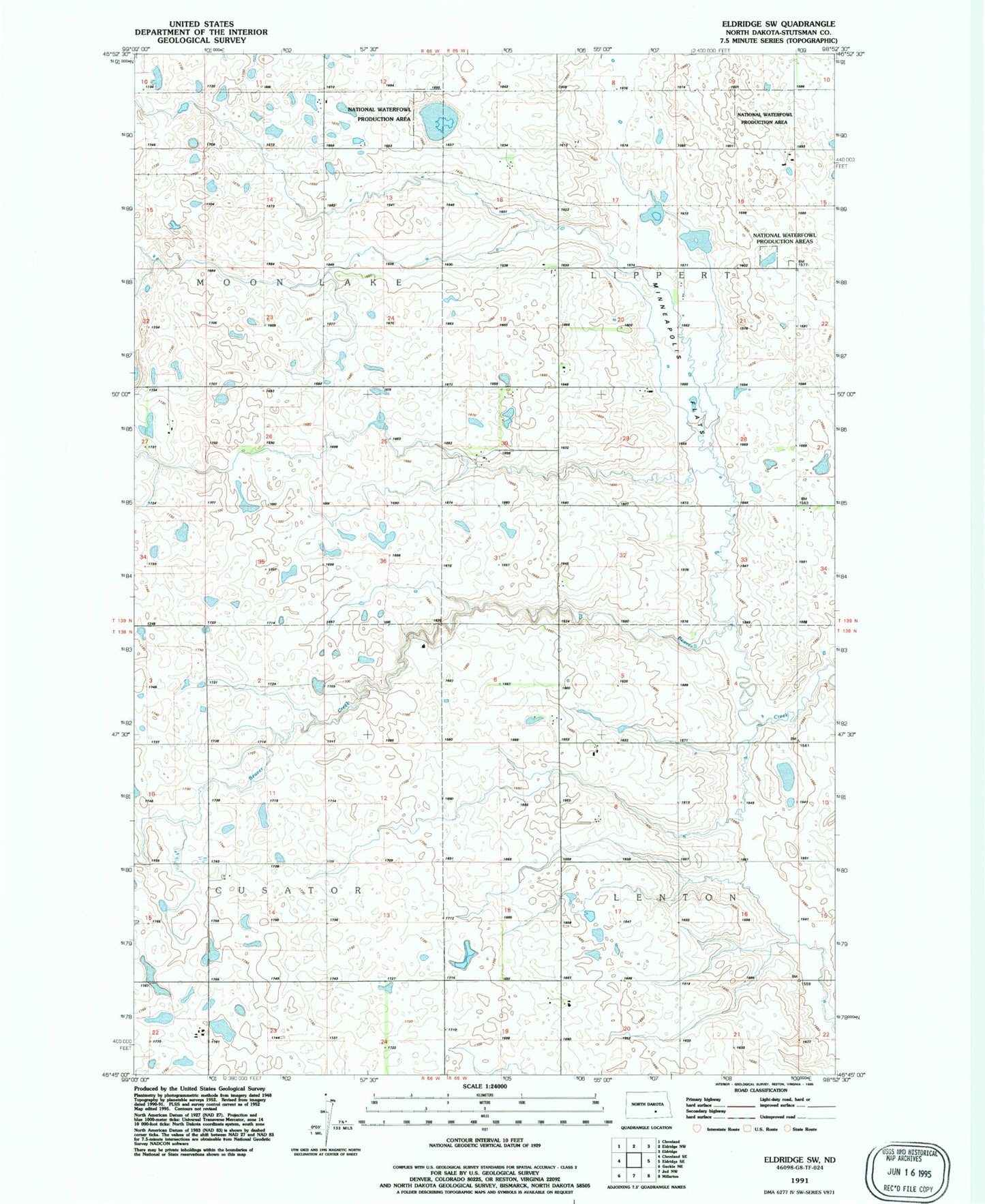 Classic USGS Eldridge SW North Dakota 7.5'x7.5' Topo Map Image