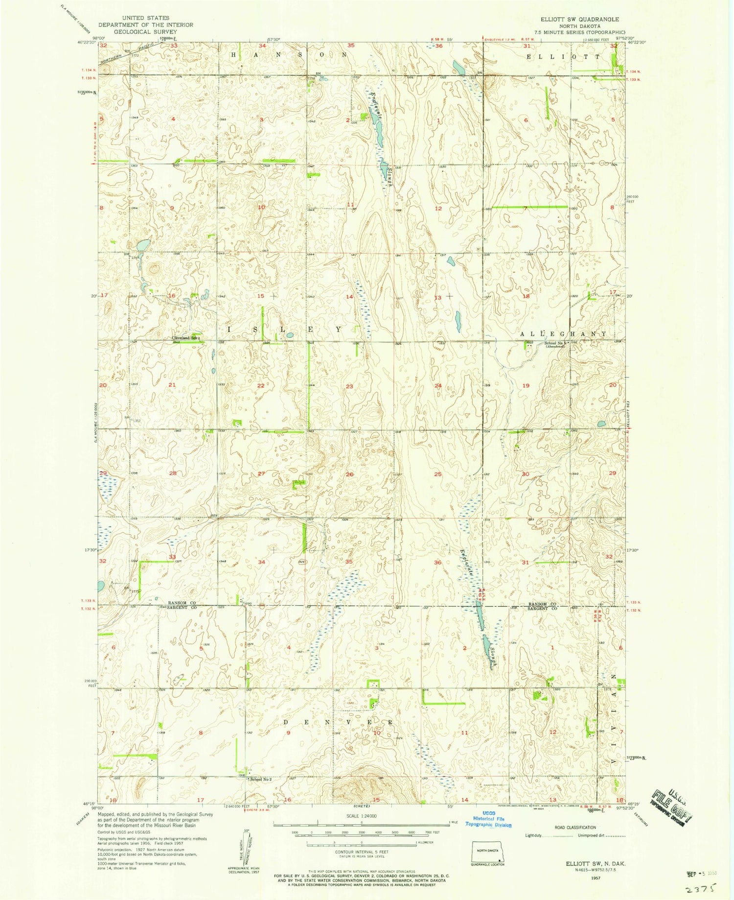 Classic USGS Elliott SW North Dakota 7.5'x7.5' Topo Map Image