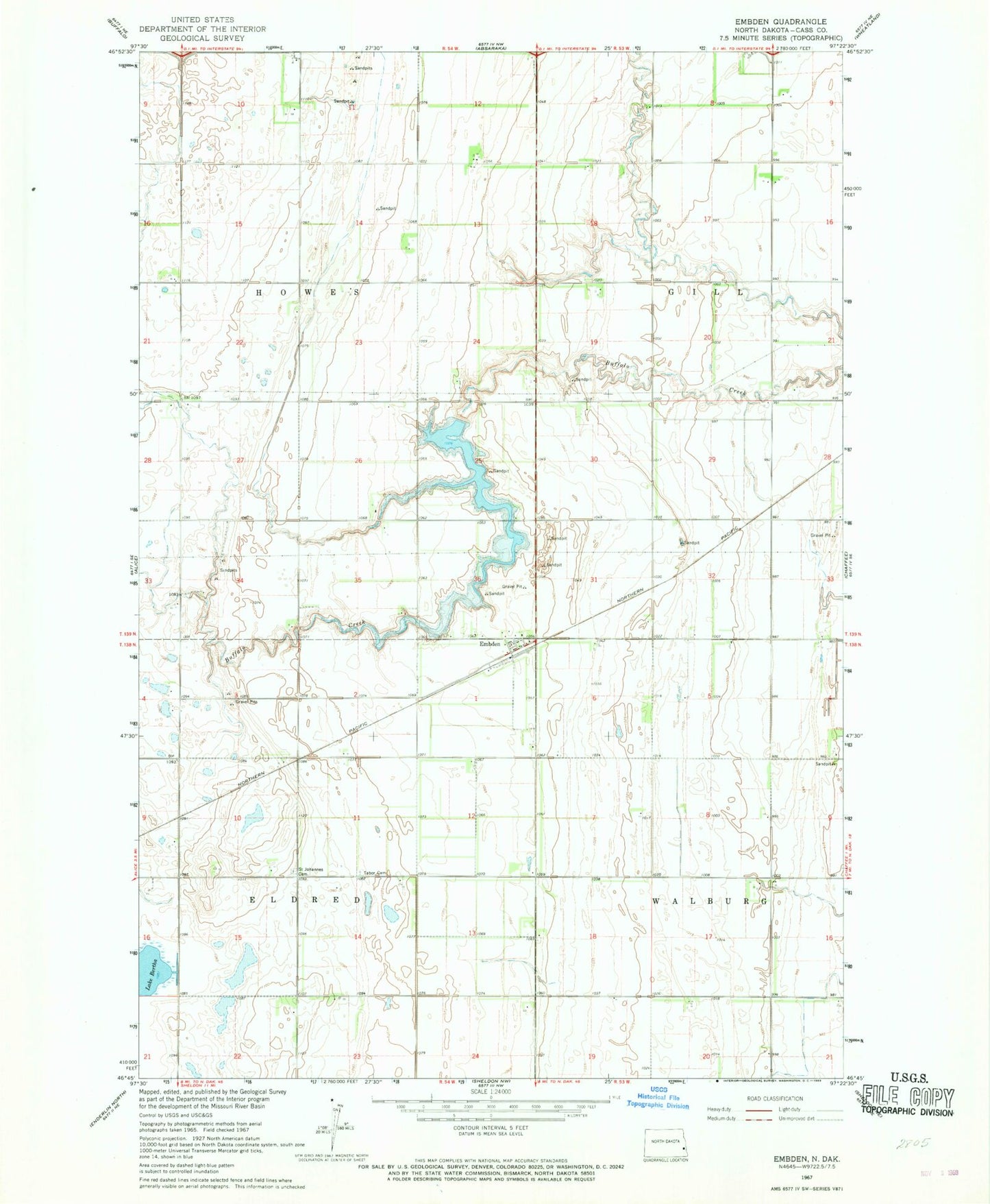 Classic USGS Embden North Dakota 7.5'x7.5' Topo Map Image
