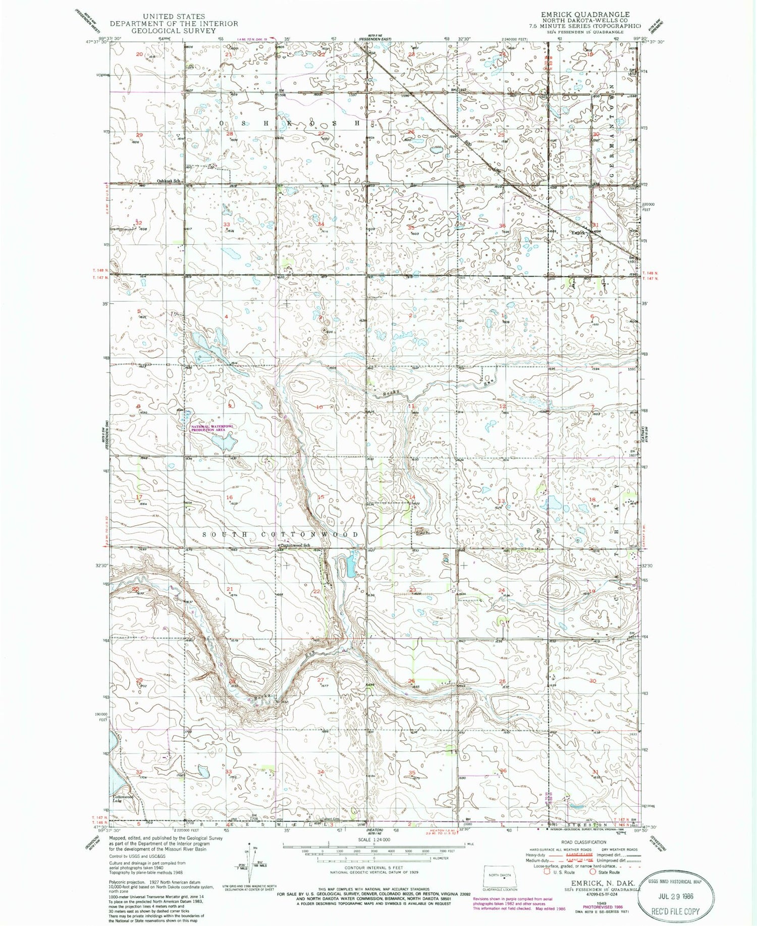 Classic USGS Emrick North Dakota 7.5'x7.5' Topo Map Image