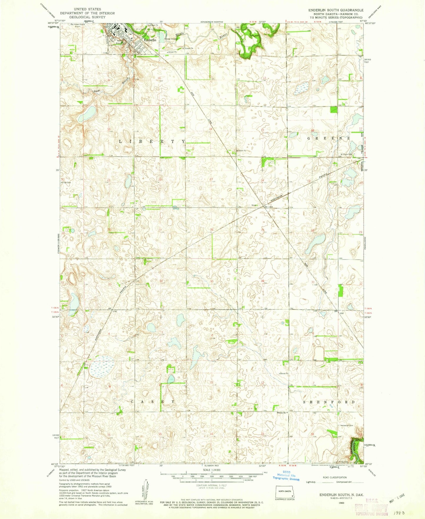 Classic USGS Enderlin South North Dakota 7.5'x7.5' Topo Map Image