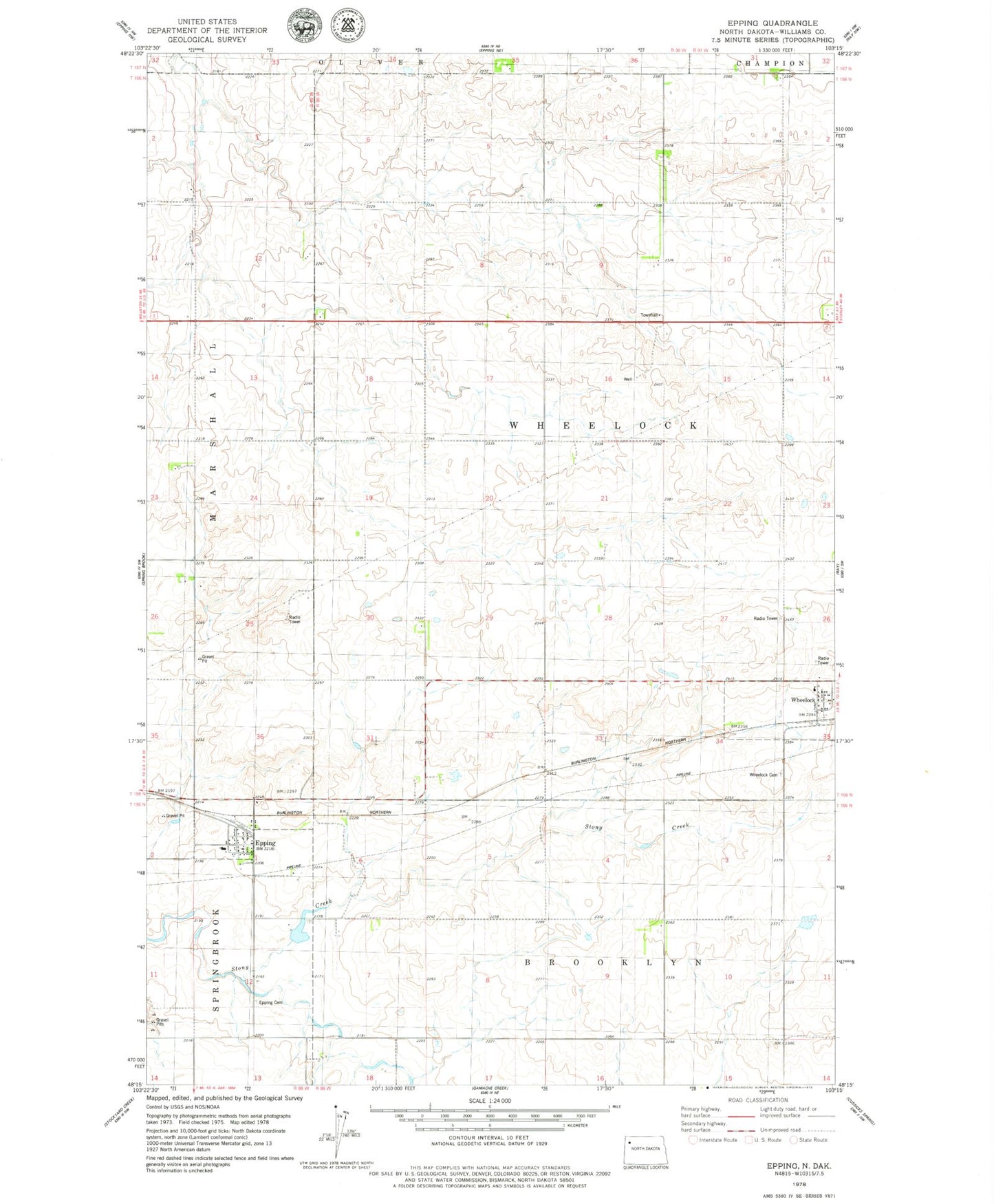 Classic USGS Epping North Dakota 7.5'x7.5' Topo Map Image