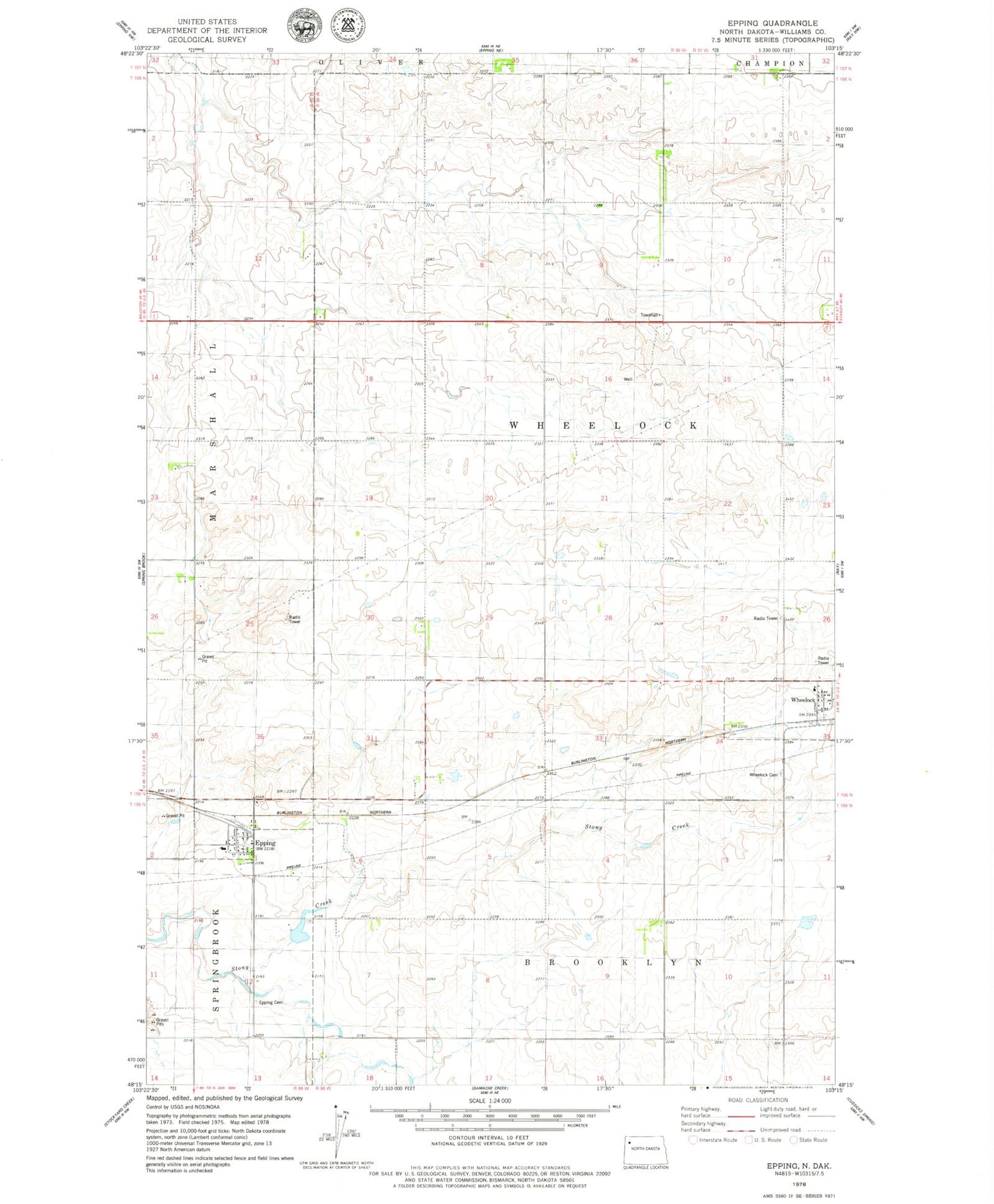 Classic USGS Epping North Dakota 7.5'x7.5' Topo Map Image