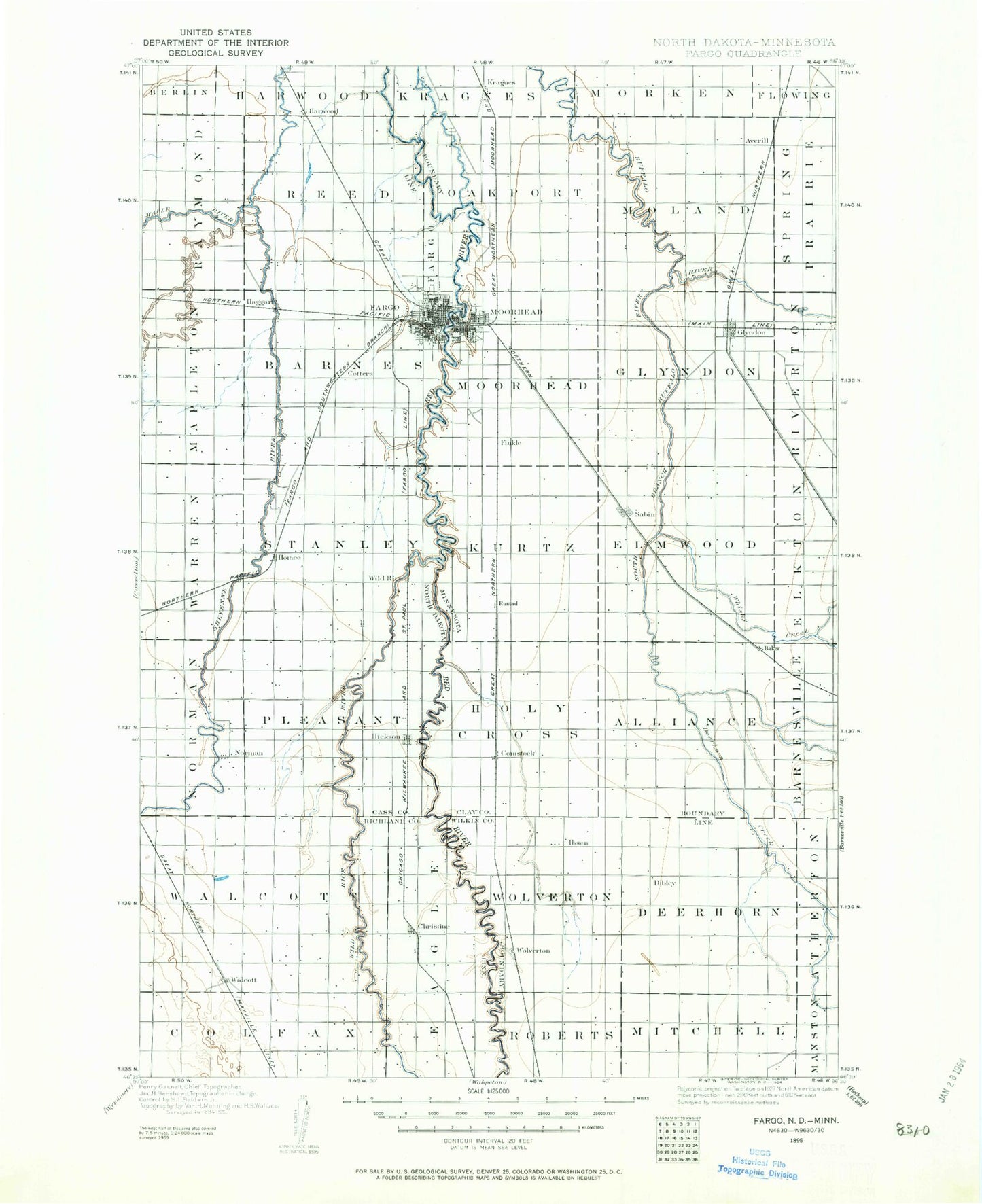 Historic 1895 Fargo North Dakota 30'x30' Topo Map Image