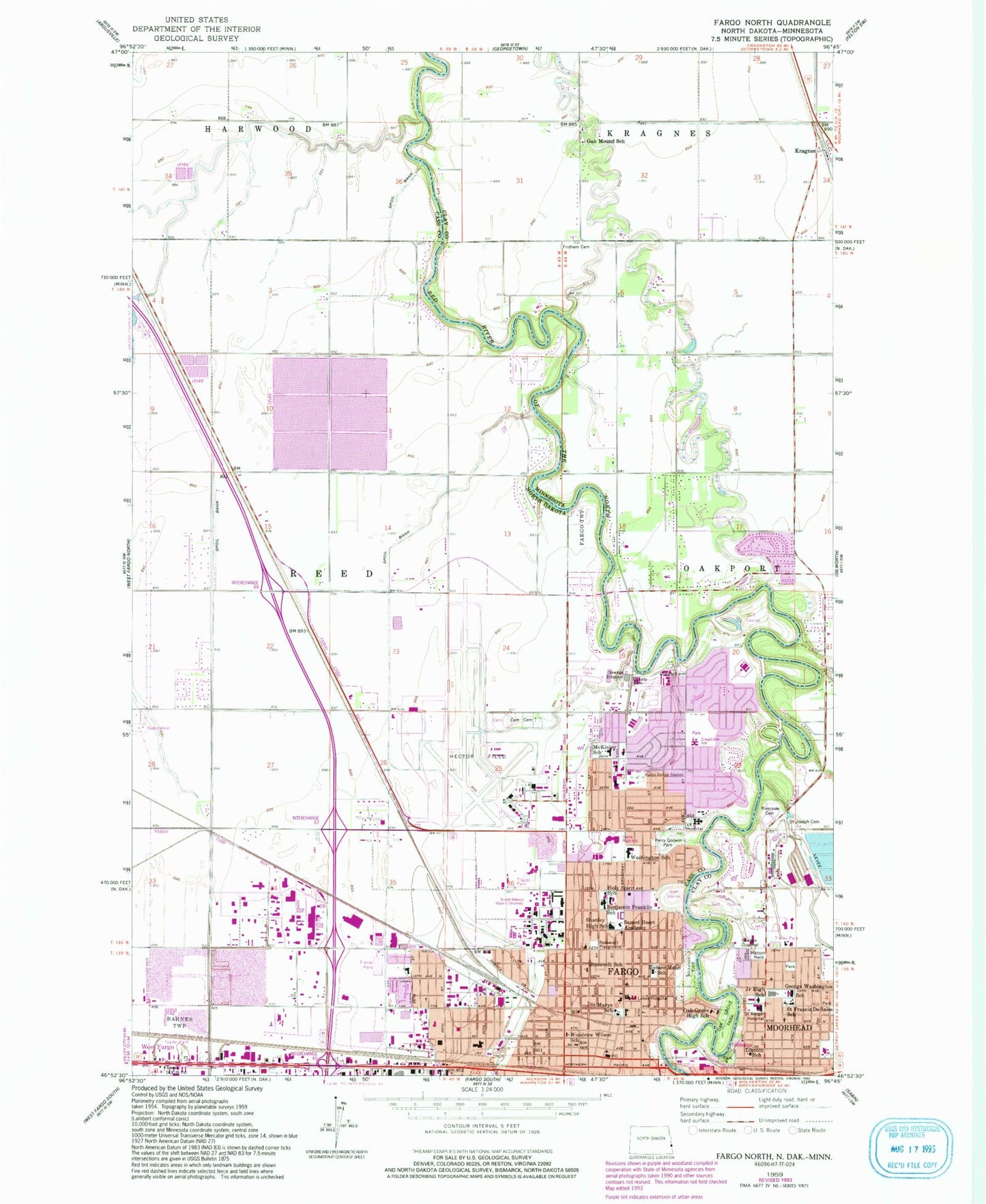 Classic USGS Fargo North North Dakota 7.5'x7.5' Topo Map Image