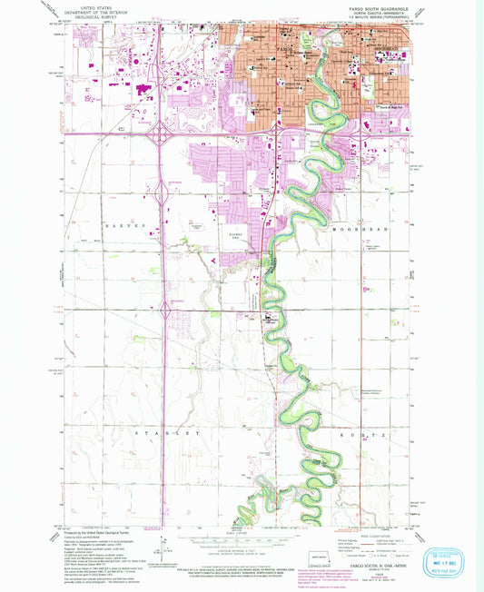 Classic USGS Fargo South North Dakota 7.5'x7.5' Topo Map Image
