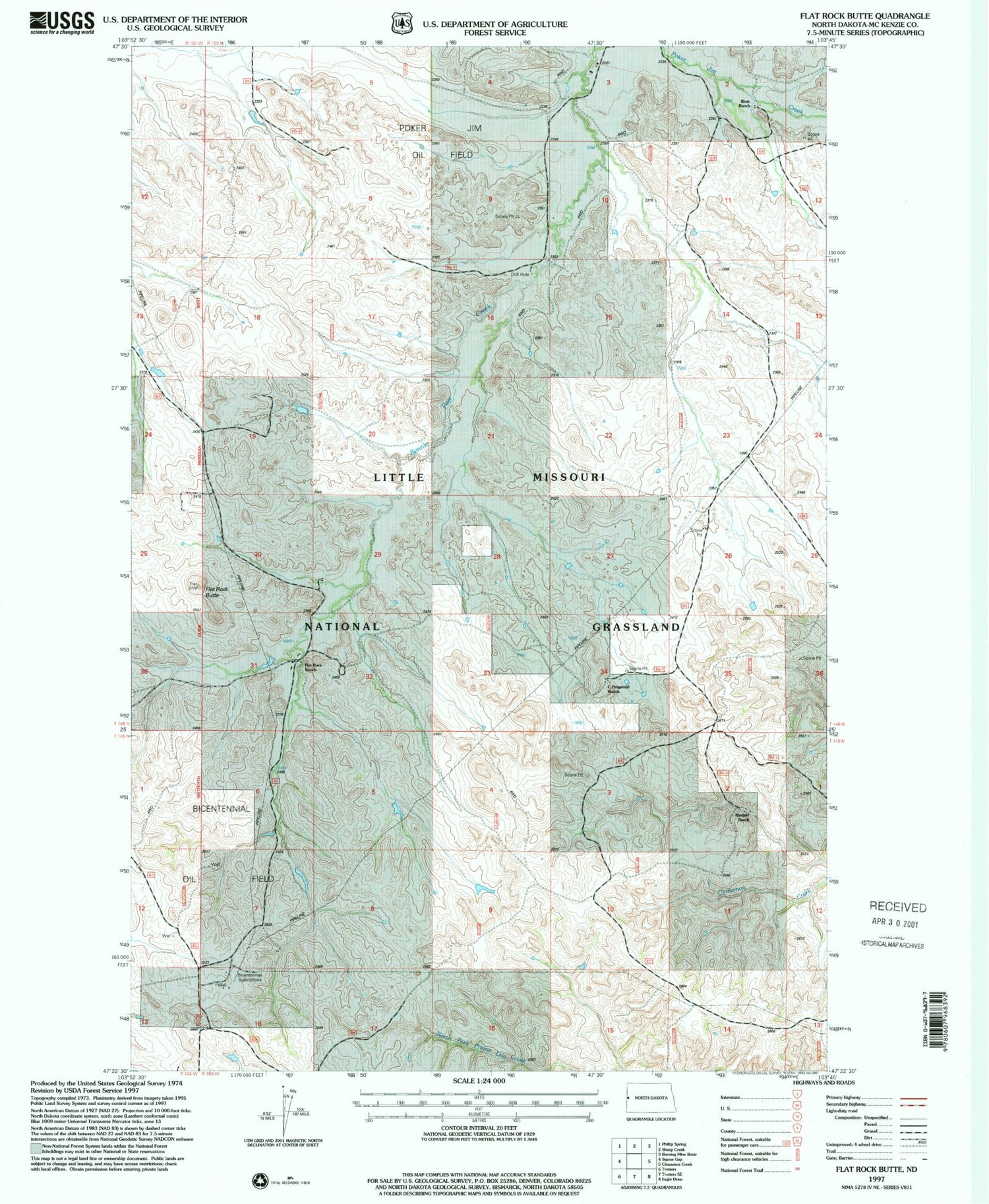 Classic USGS Flat Rock Butte North Dakota 7.5'x7.5' Topo Map Image