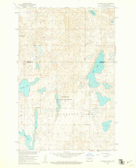 Classic USGS Florence Lake North Dakota 7.5'x7.5' Topo Map Image