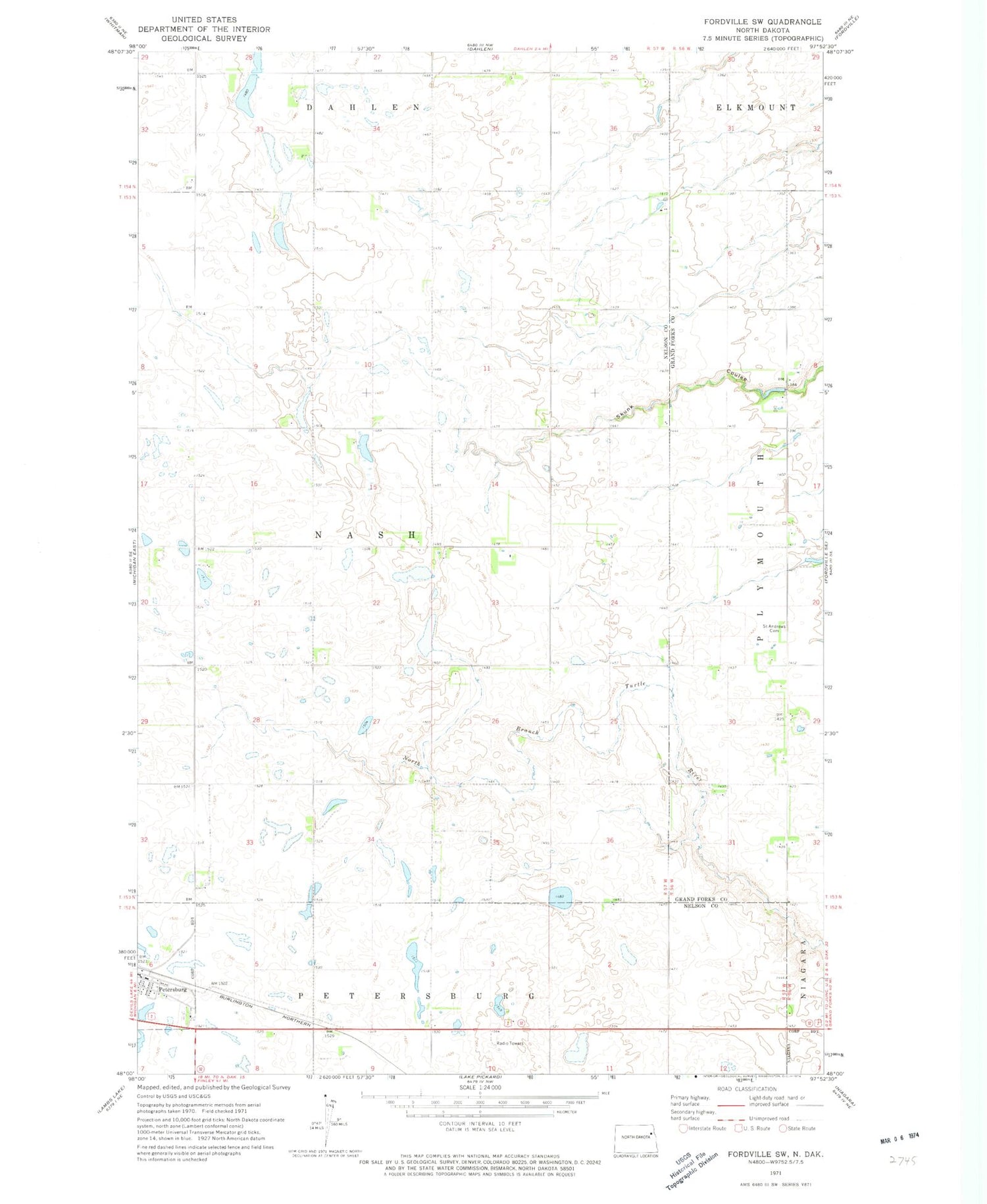 Classic USGS Fordville SW North Dakota 7.5'x7.5' Topo Map Image