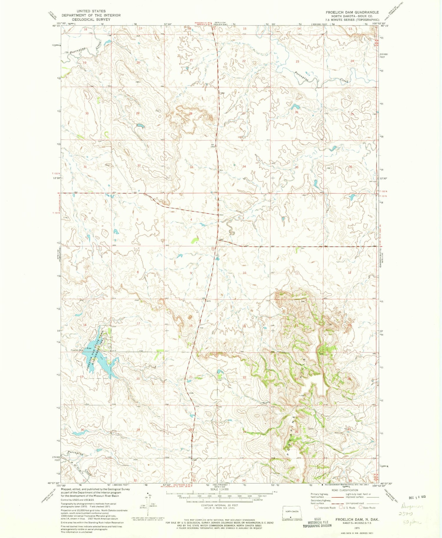 Classic USGS Froelich Dam North Dakota 7.5'x7.5' Topo Map Image