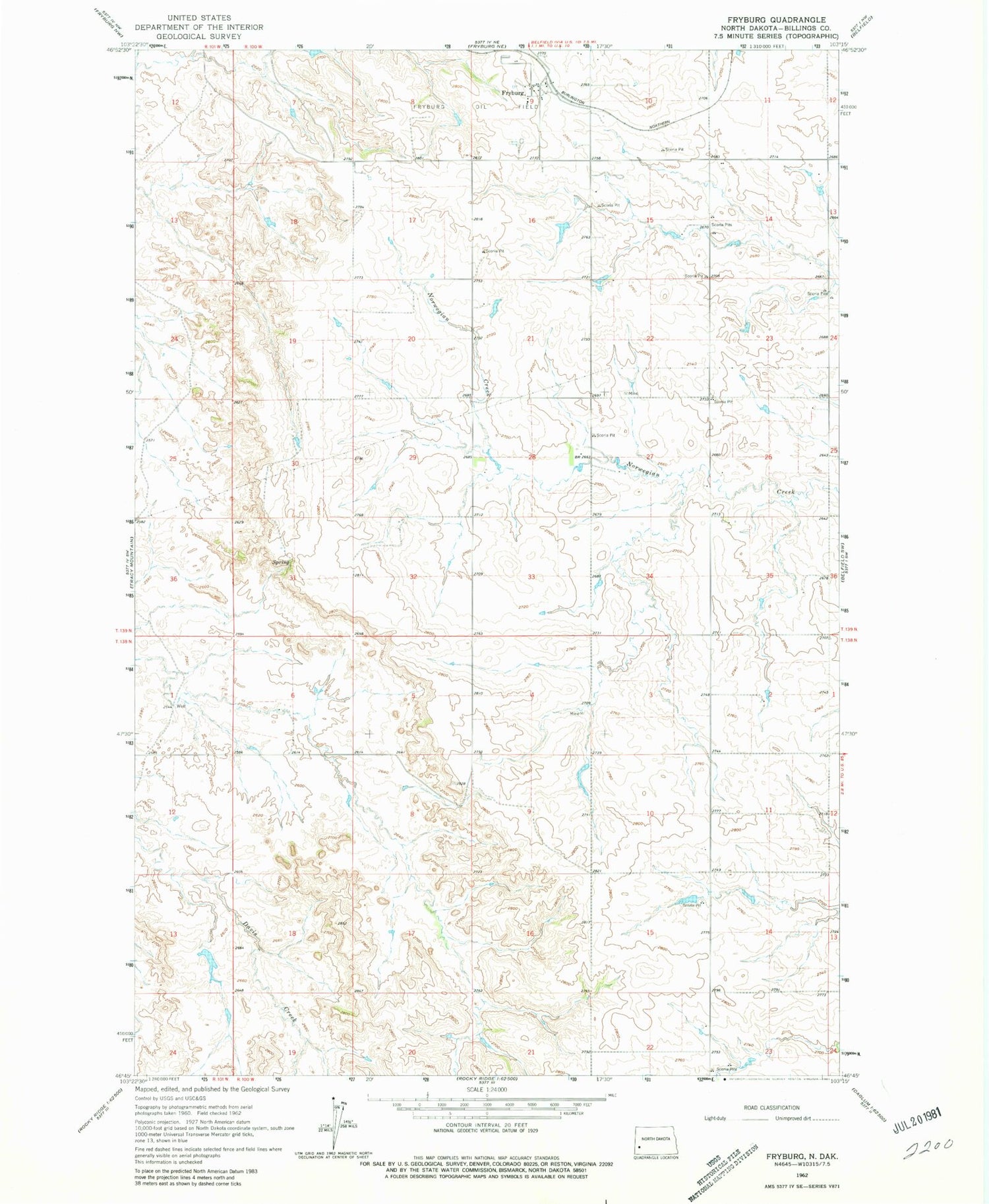 Classic USGS Fryburg North Dakota 7.5'x7.5' Topo Map Image