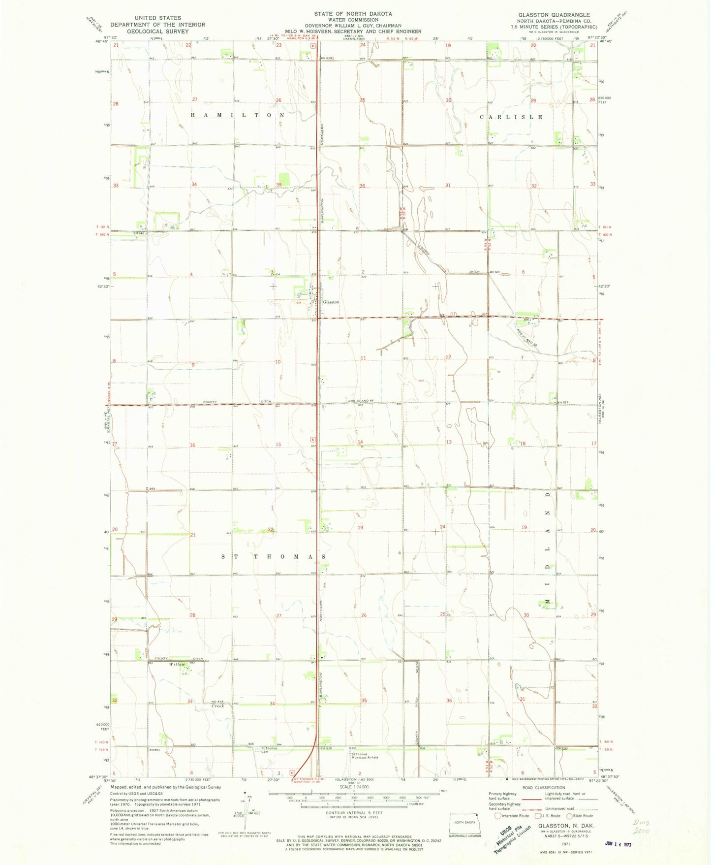 Classic USGS Glasston North Dakota 7.5'x7.5' Topo Map Image