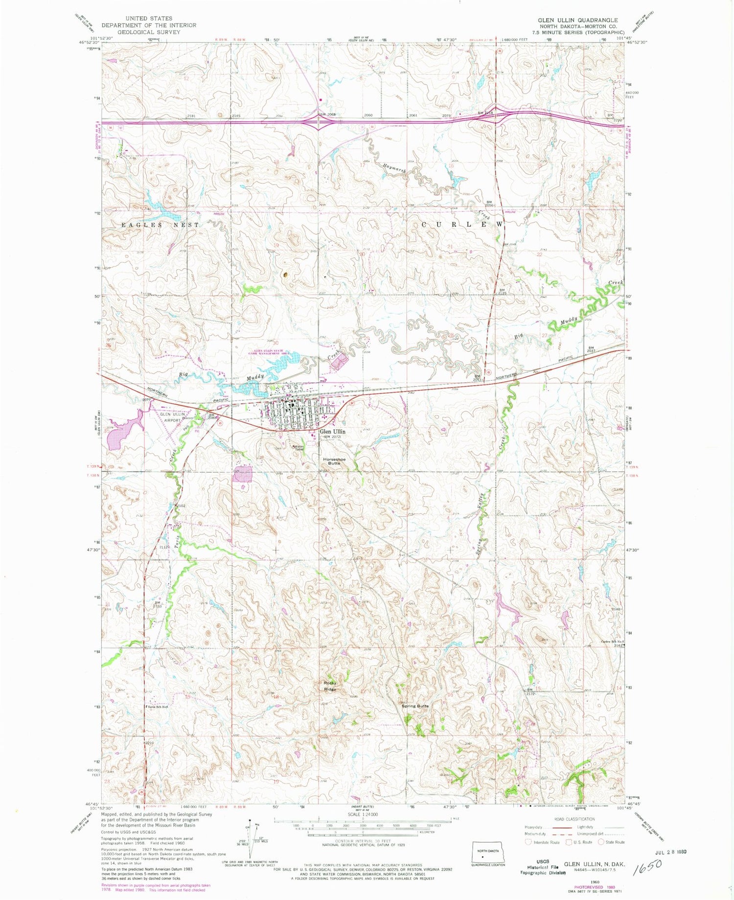 Classic USGS Glen Ullin North Dakota 7.5'x7.5' Topo Map Image