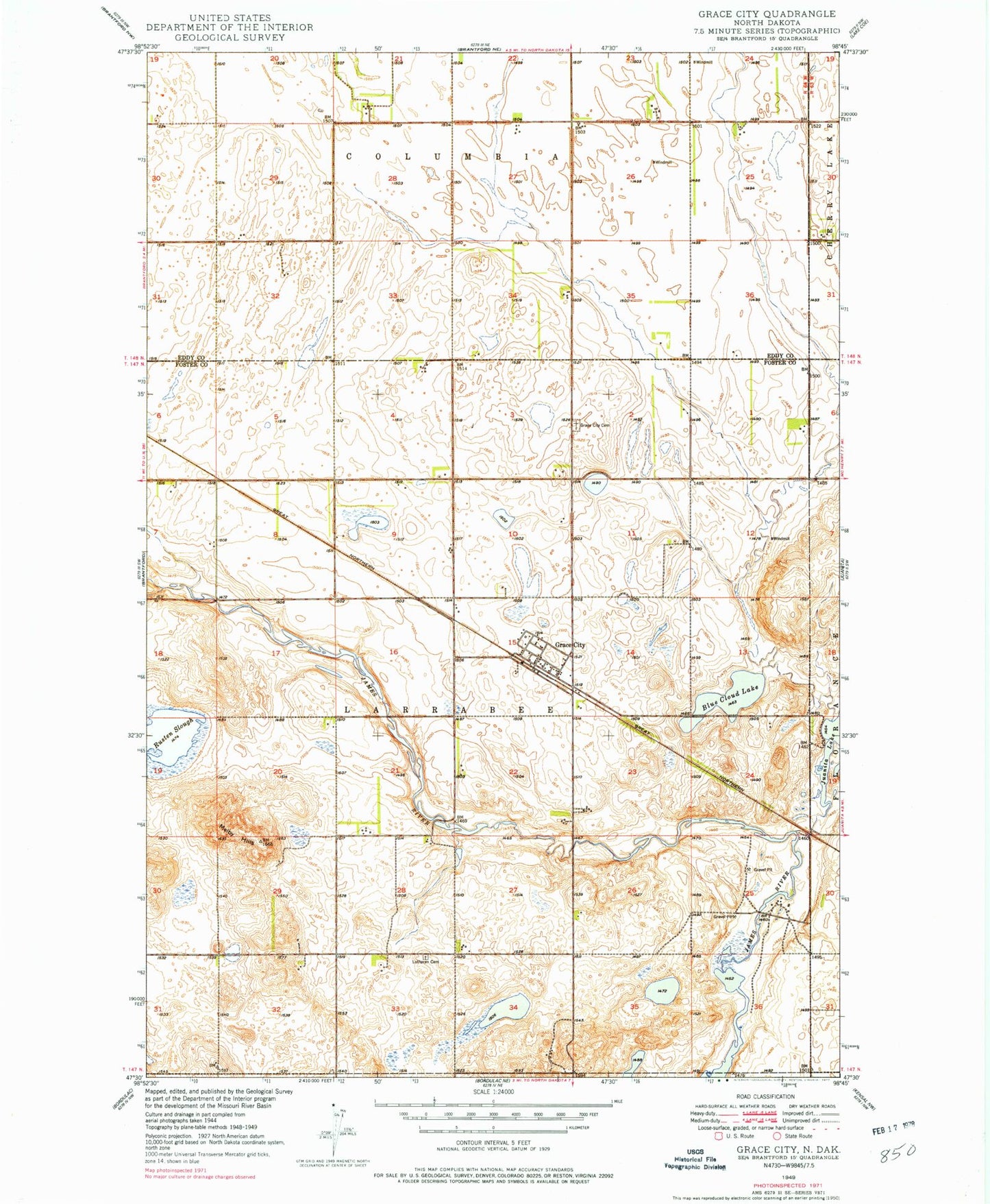 Classic USGS Grace City North Dakota 7.5'x7.5' Topo Map Image