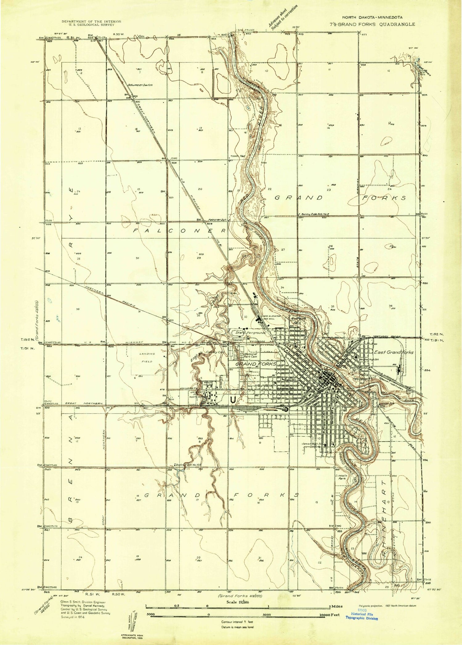 Classic USGS Grand Forks North Dakota 7.5'x7.5' Topo Map Image