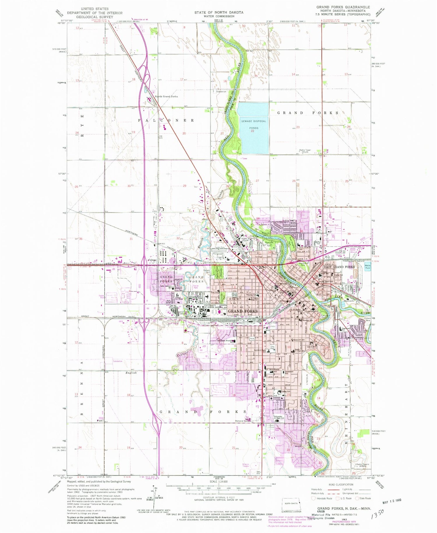Classic USGS Grand Forks North Dakota 7.5'x7.5' Topo Map Image