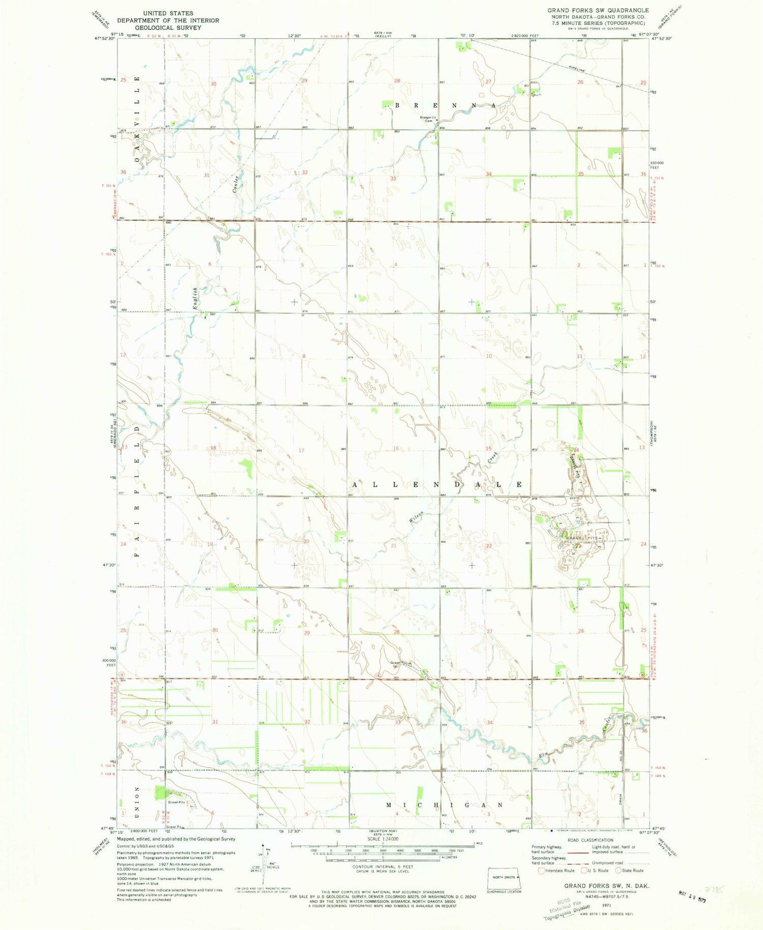 Classic USGS Grand Forks SW North Dakota 7.5'x7.5' Topo Map Image