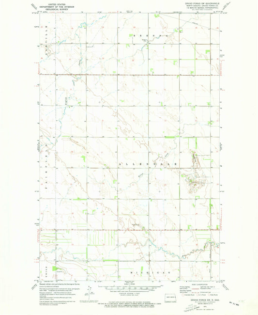 Classic USGS Grand Forks SW North Dakota 7.5'x7.5' Topo Map Image